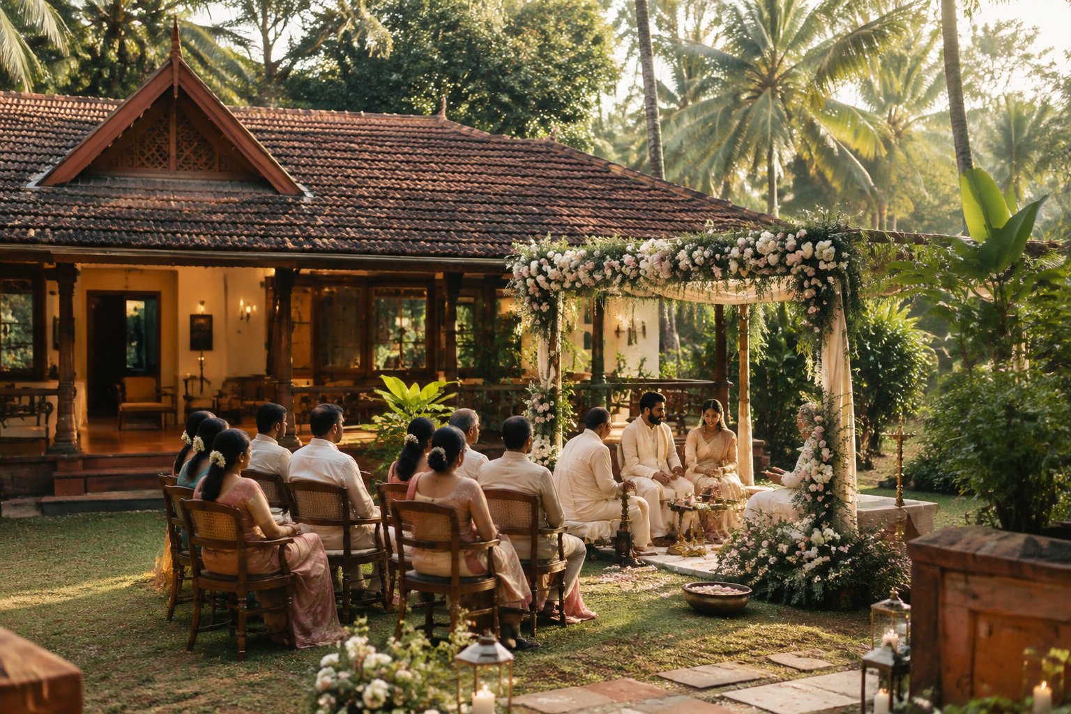 A couple celebrates an intimate wedding with guests in a tropical garden venue.