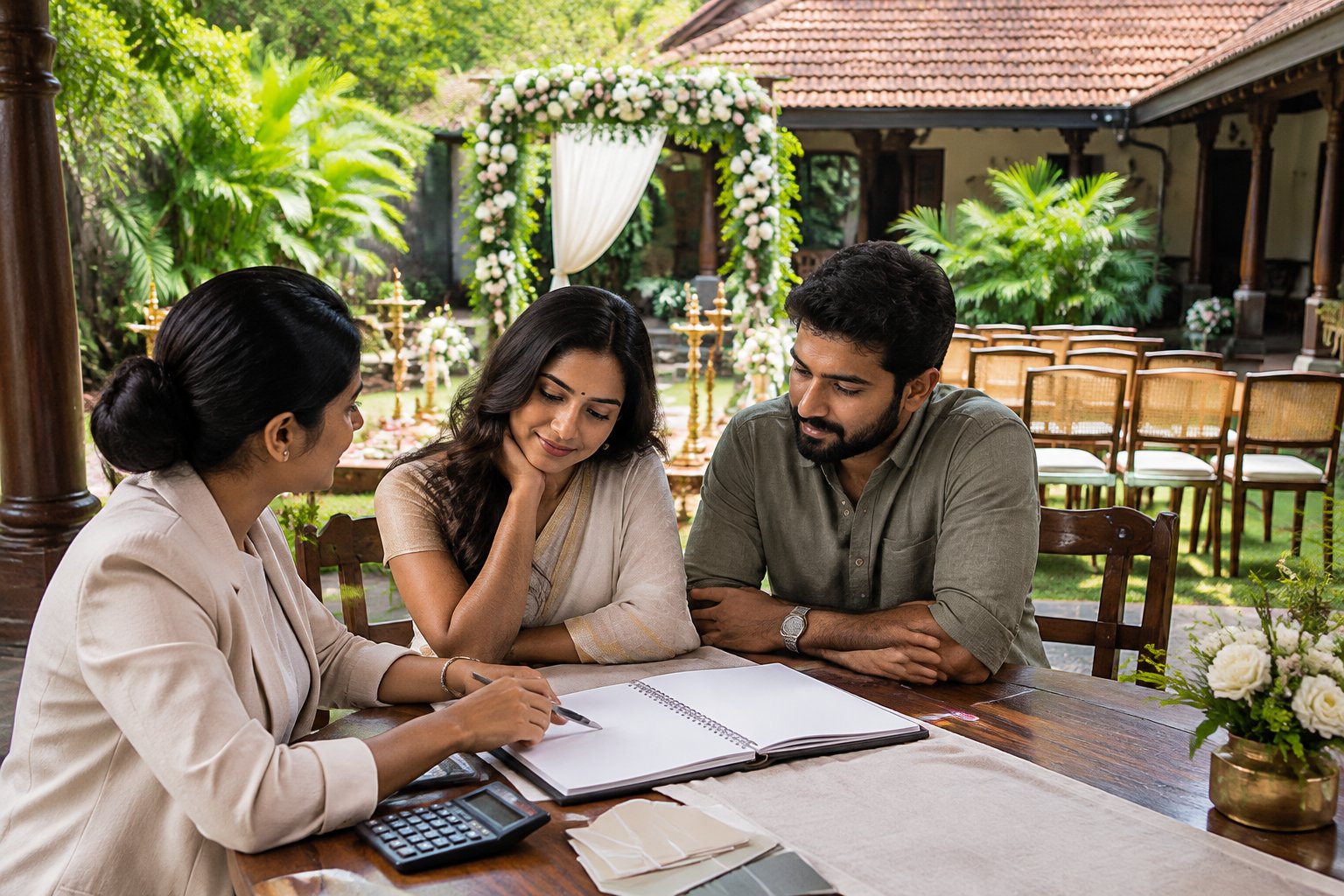 A couple and venue planner review a blank budget sheet at a small wedding venue in a Kerala courtyard.