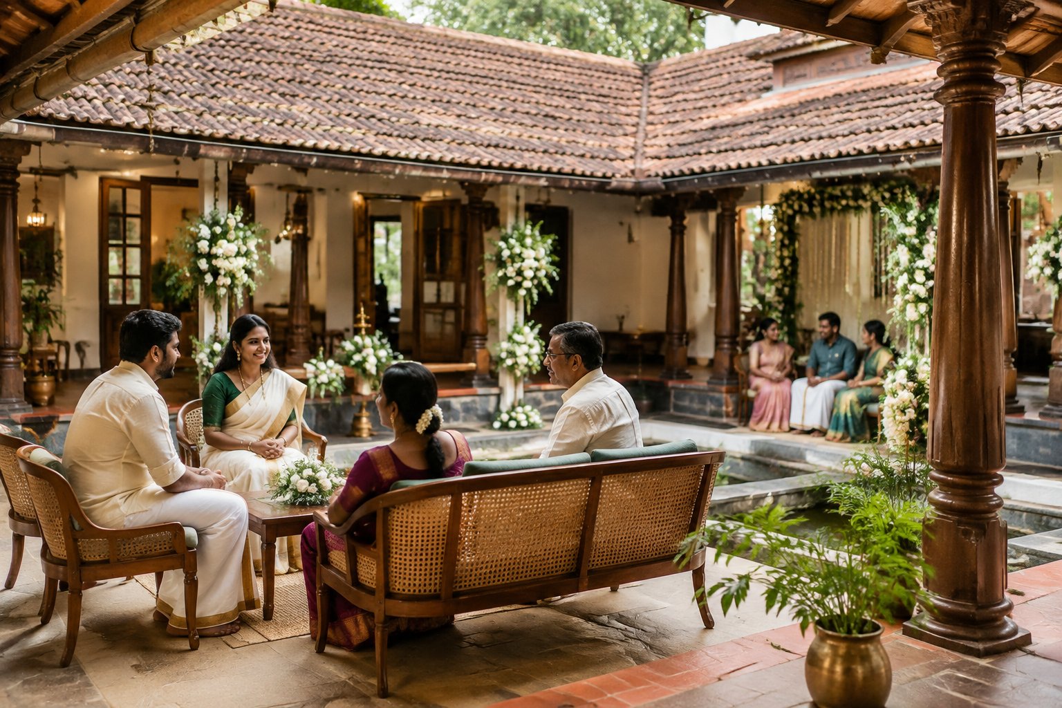 Guests gather in a decorated courtyard at an intimate wedding venue.