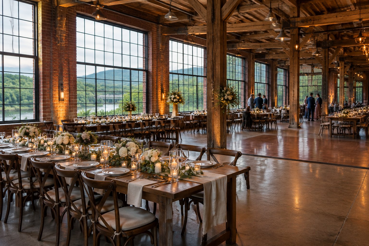 A wedding reception set inside a brick-and-timber industrial venue.