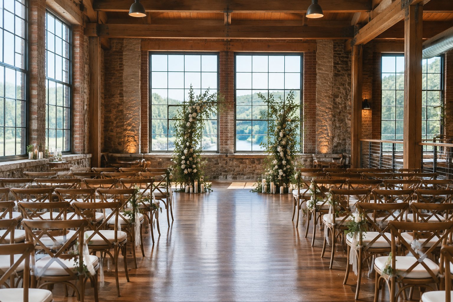 A wedding ceremony setup inside a historic mill with exposed beams and tall windows.