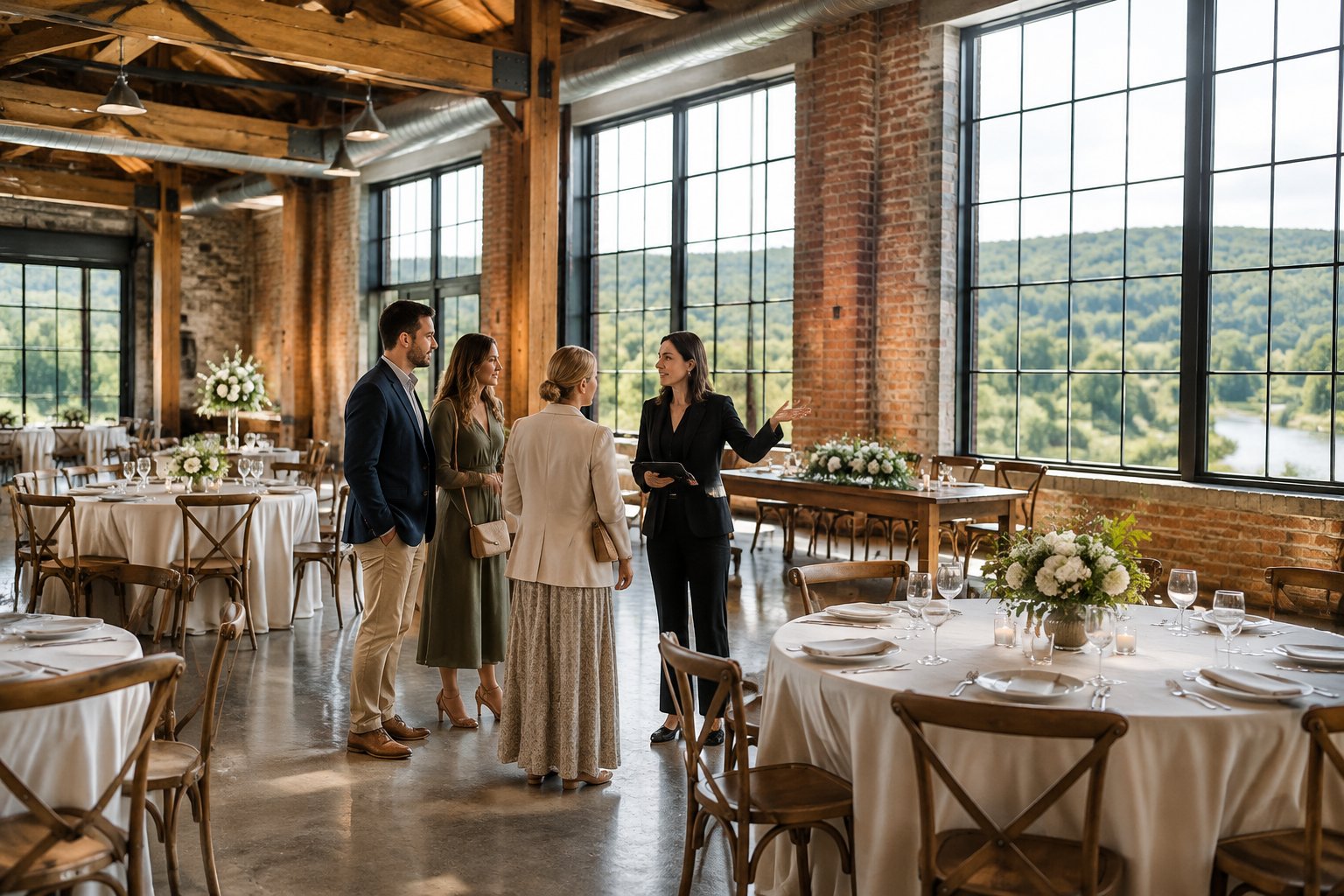 Guests and a coordinator view a wedding reception space in an industrial-style venue.