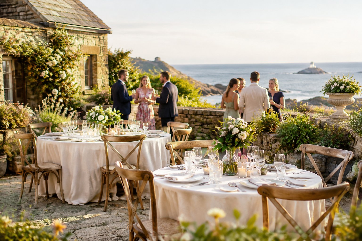 Guests gather around decorated tables in a garden courtyard overlooking the sea.