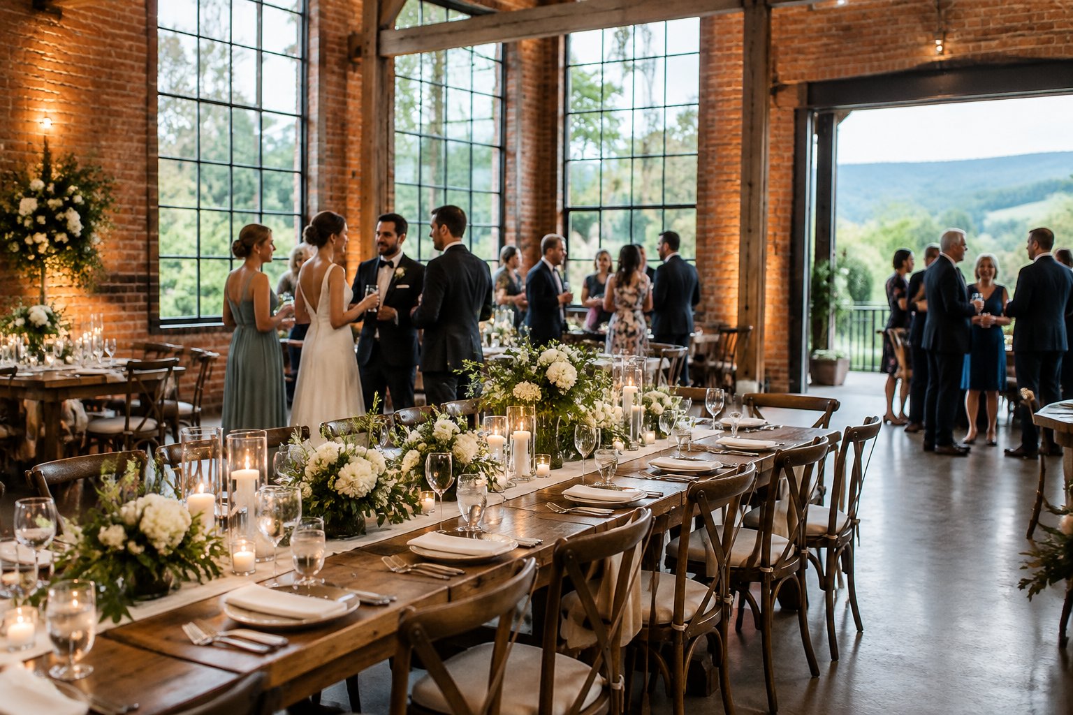 Guests gather at a wedding reception in a brick industrial venue.