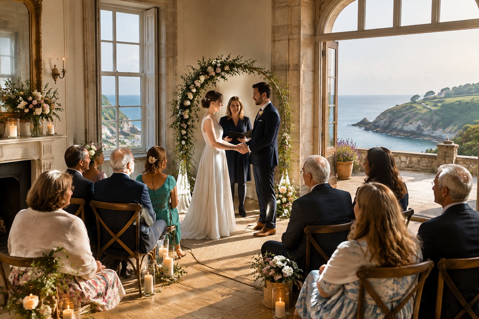 A couple exchanges vows before a small gathering at a coastal manor.