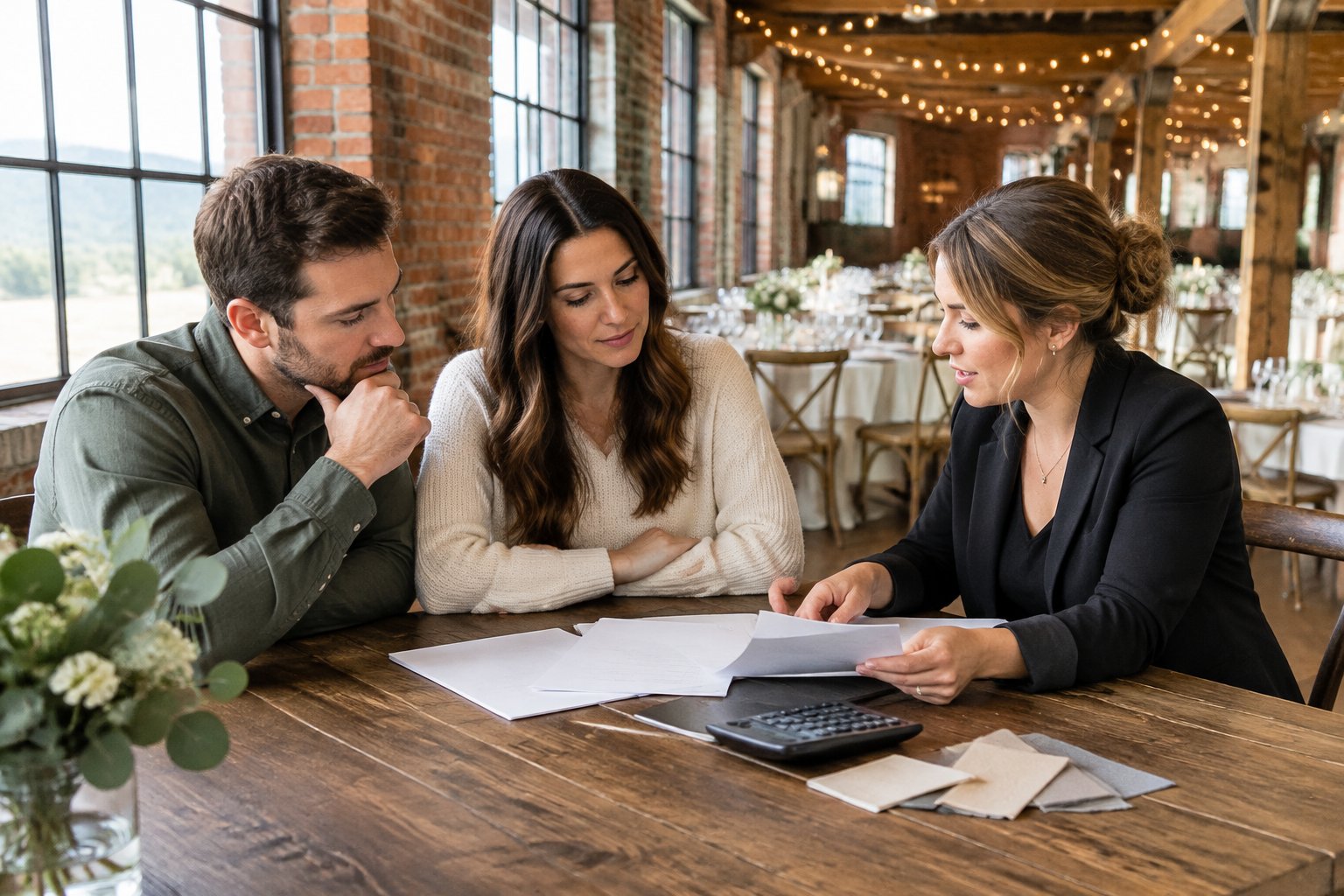 A couple and wedding coordinator review paperwork at a table in an industrial wedding venue.