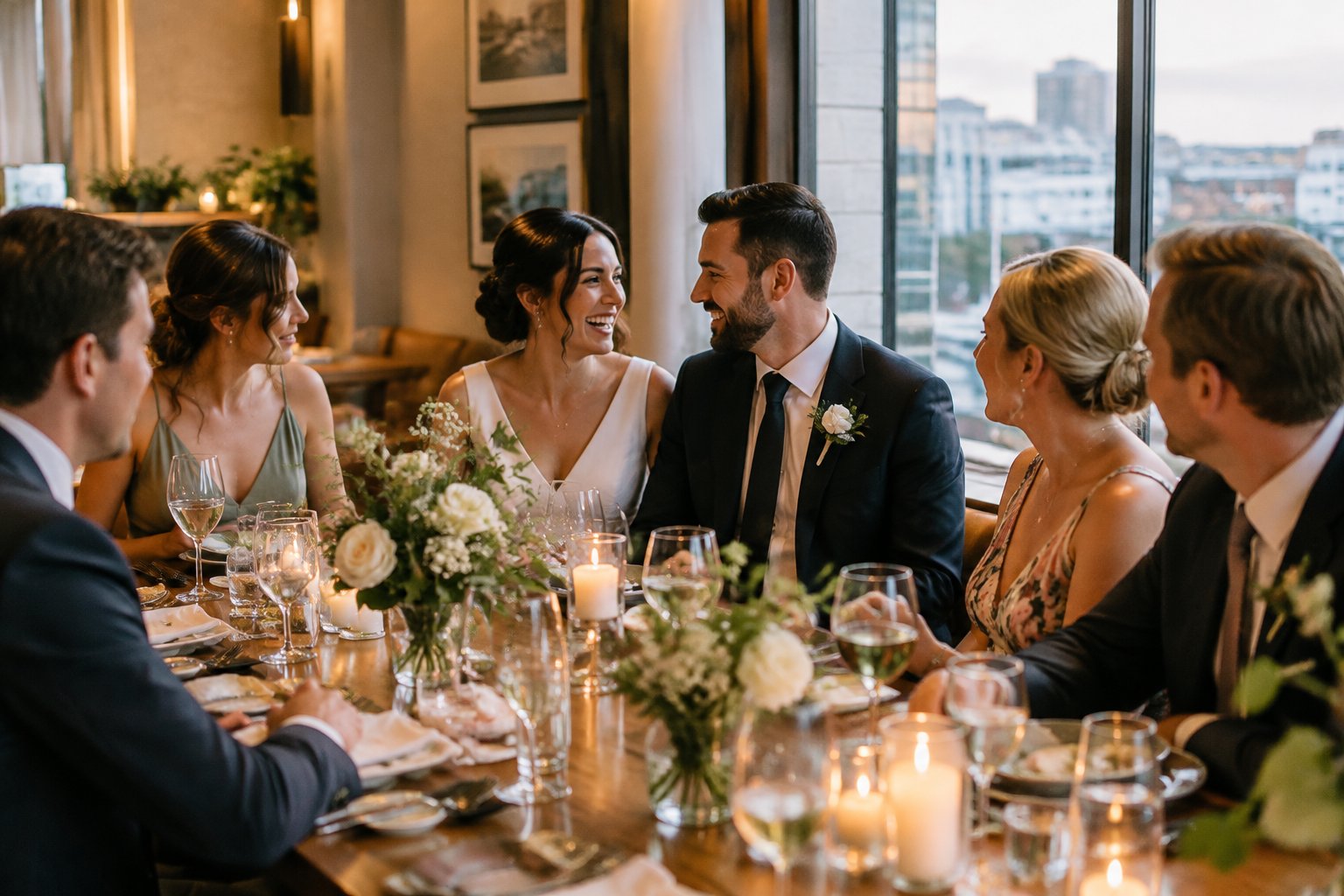 A newlywed couple celebrates with guests around a candlelit dinner table in a restaurant.