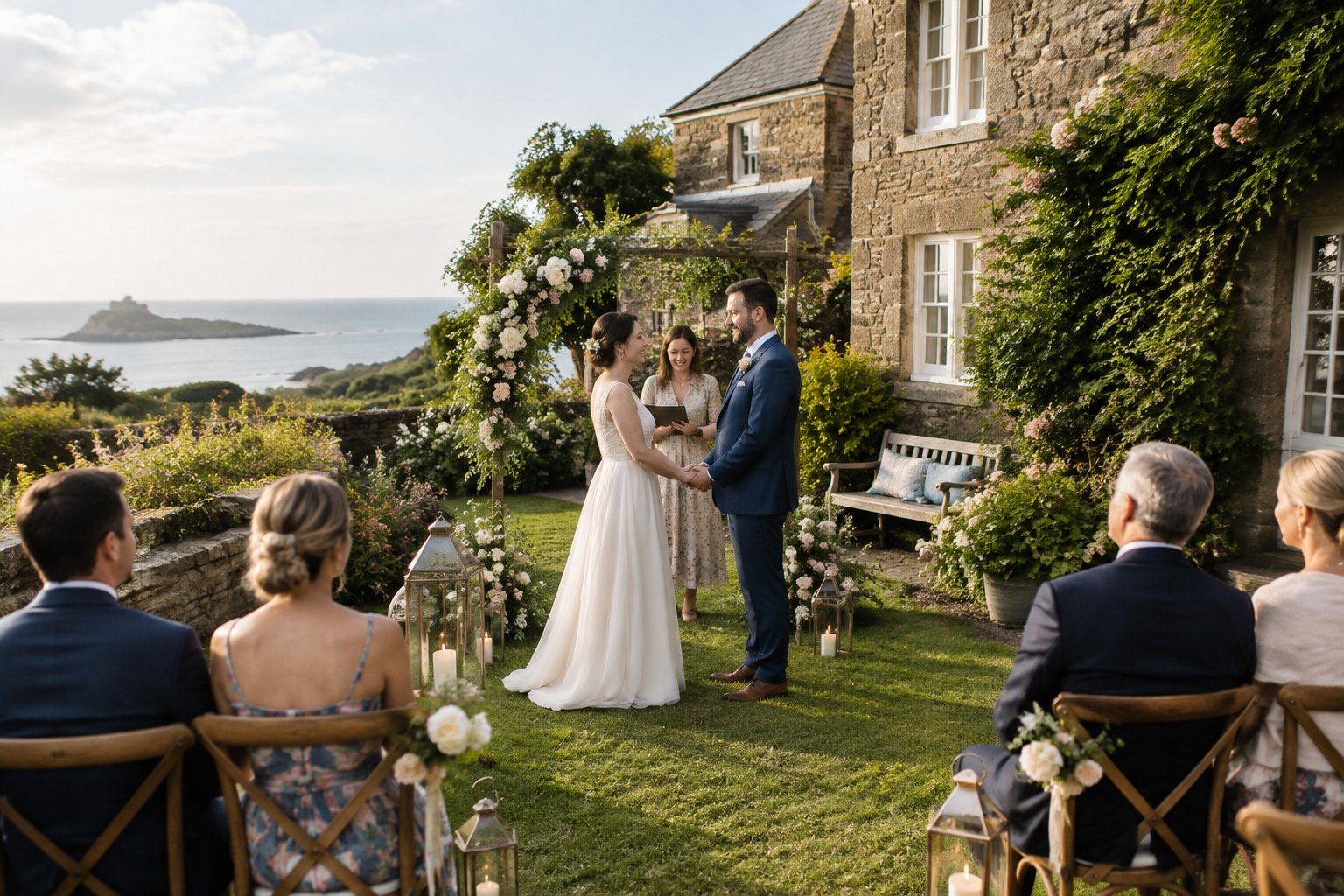 A couple exchanges vows in a garden beside a historic inn as a small group of guests watches.