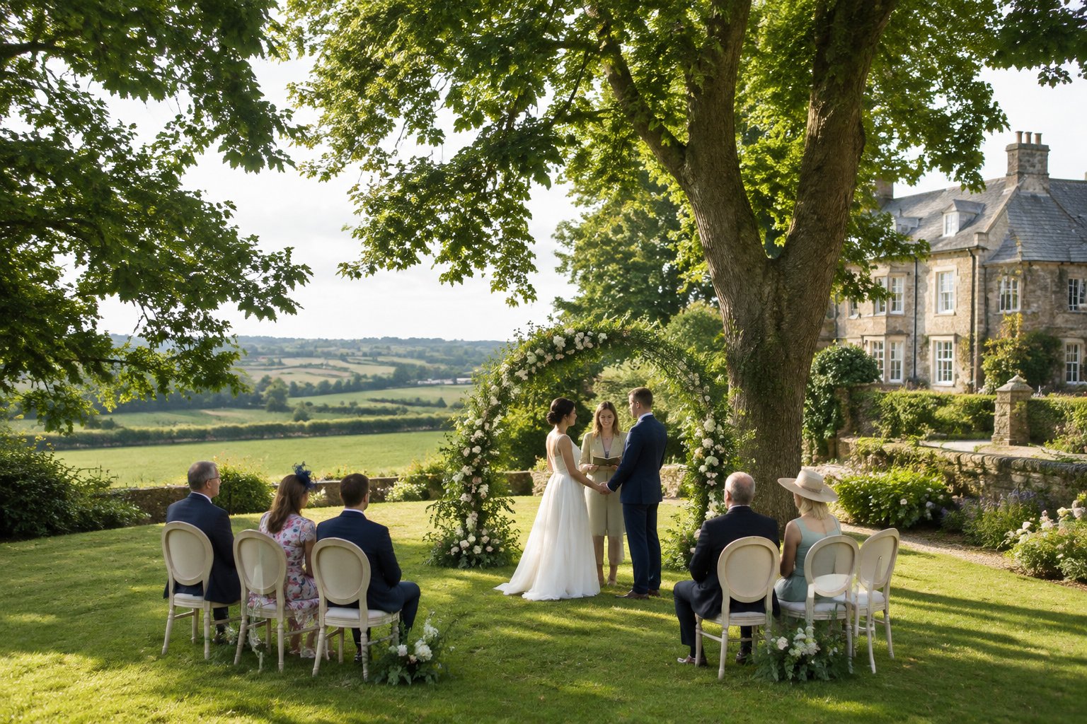 A couple exchanges vows at a small outdoor wedding on a country estate.