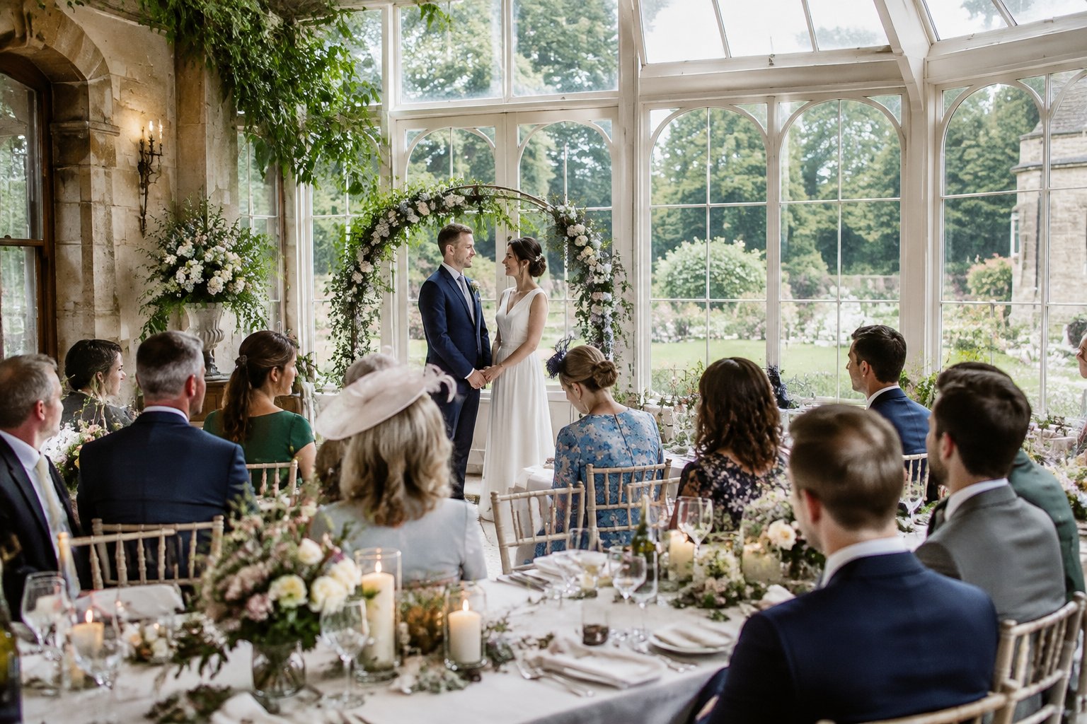 A couple celebrates their wedding with a small group of guests in a garden-view conservatory.