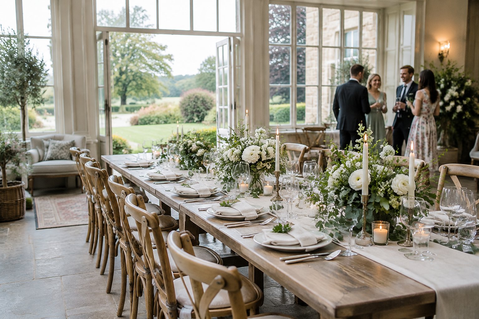A small wedding reception table set inside a bright country-house venue beside a garden.