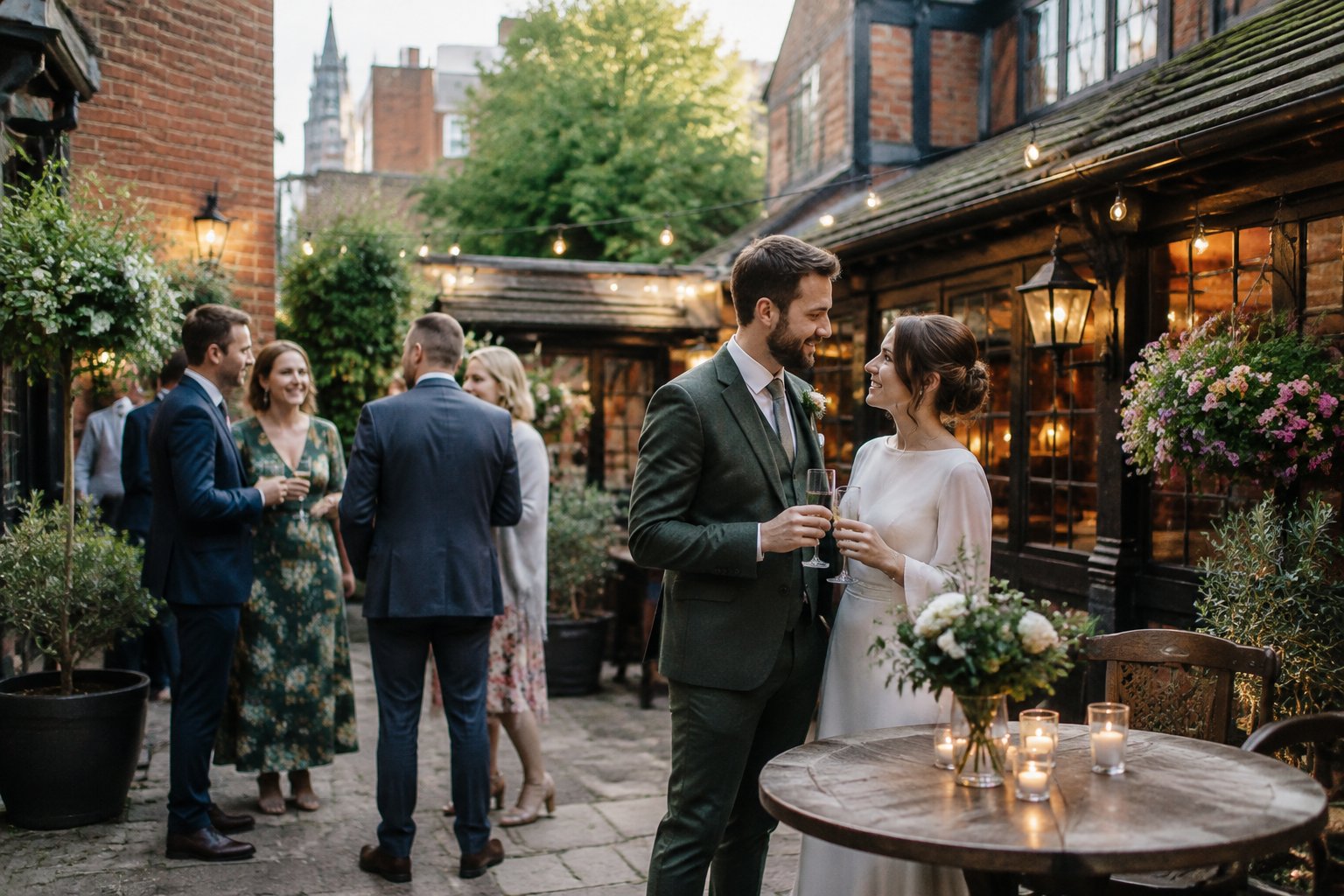 A couple celebrates with guests in the courtyard of a historic pub.