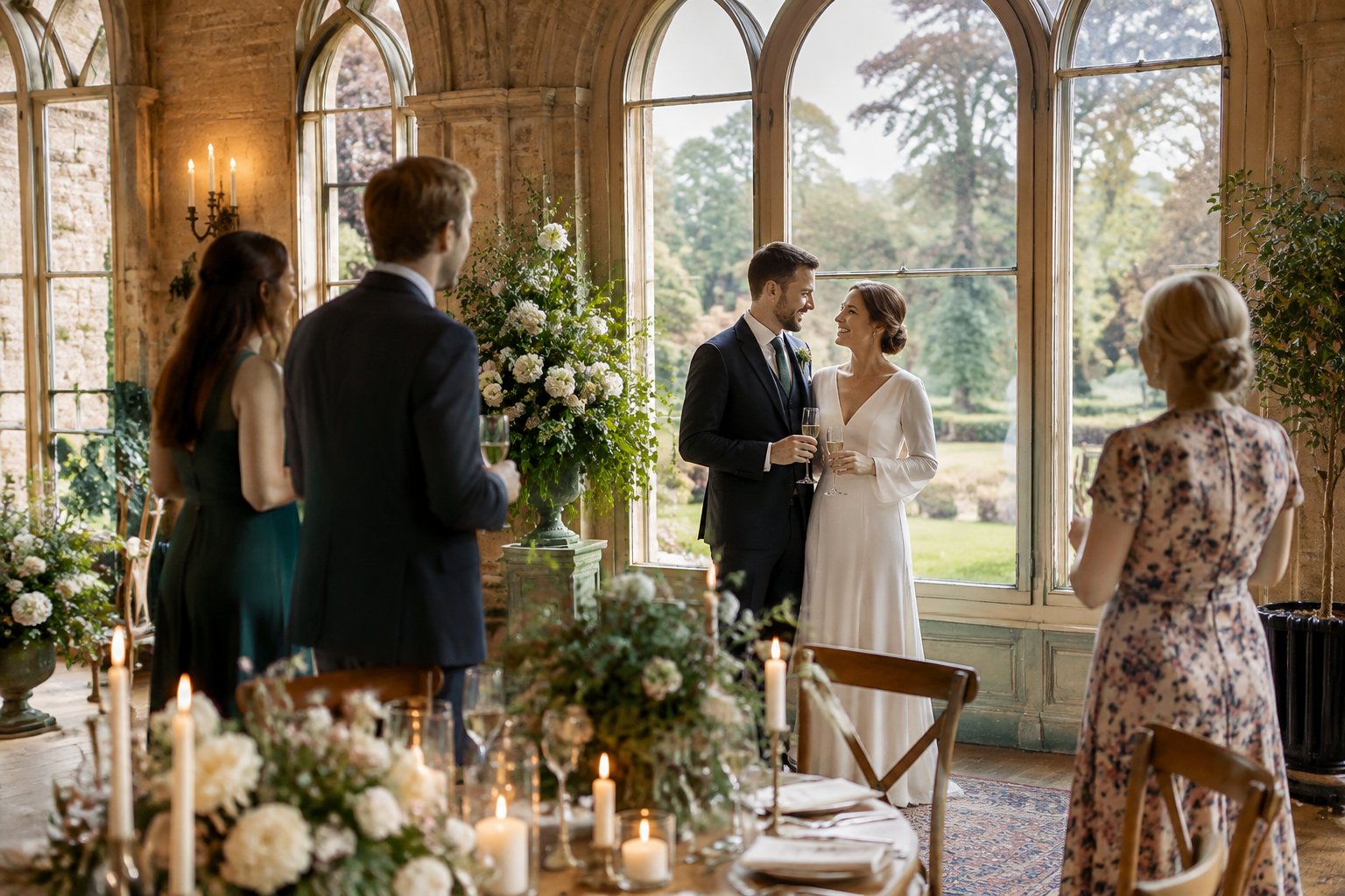 A couple celebrating their wedding with guests in a conservatory.