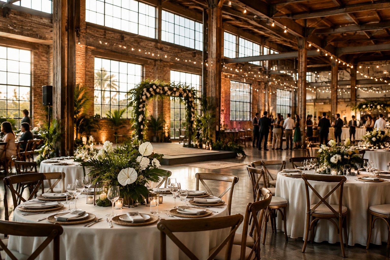 Guests gather for a wedding reception in a decorated industrial warehouse.