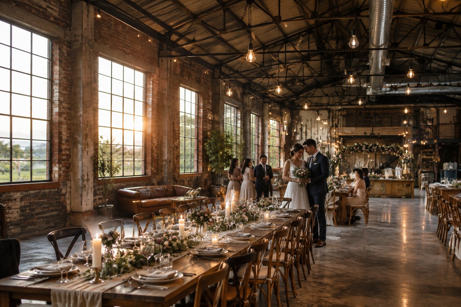 A couple and guests gather around a decorated reception table in a spacious warehouse.