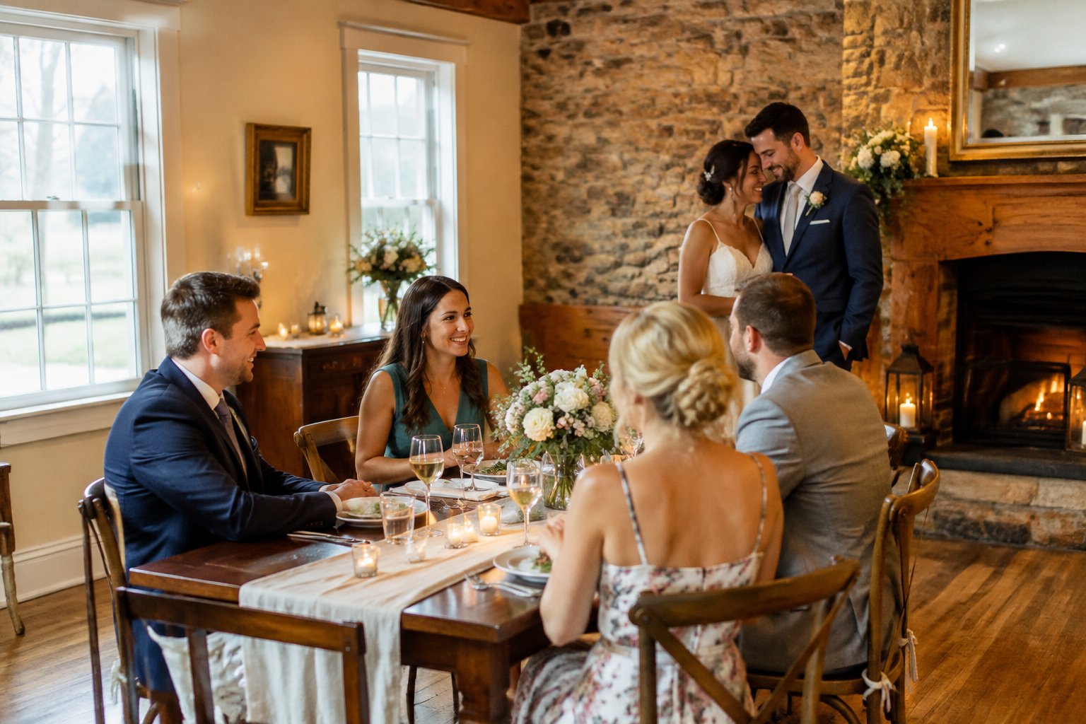 A couple and a small group of guests gather around a decorated table in a welcoming wedding venue.