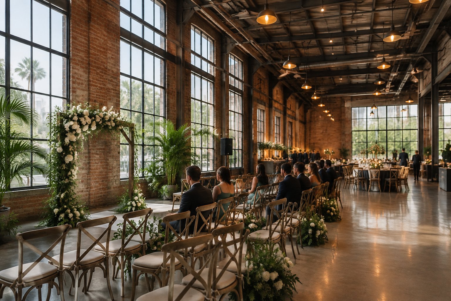 An industrial wedding hall opens onto a garden ceremony space with decorated tables.