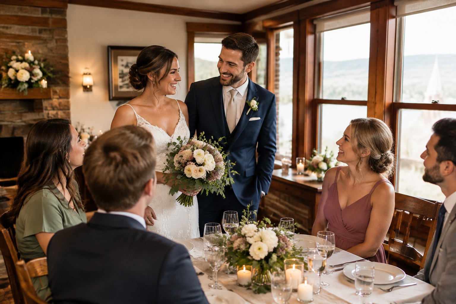 A couple celebrates their wedding with a small group of guests in a warmly decorated venue.