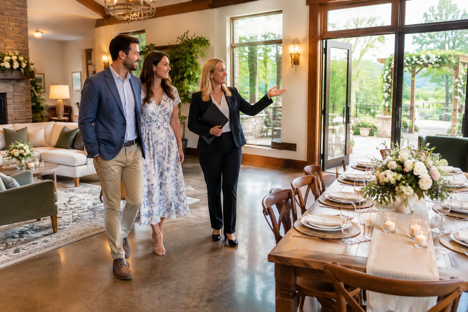 A couple tours a cozy wedding venue with a reception room and garden.