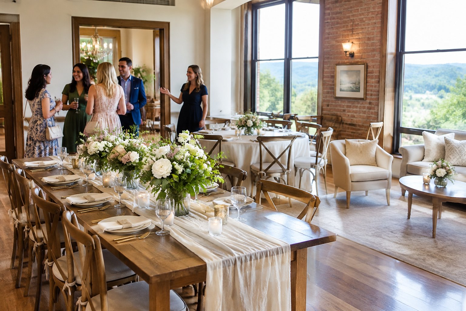 Guests gather around decorated tables in a small event venue.