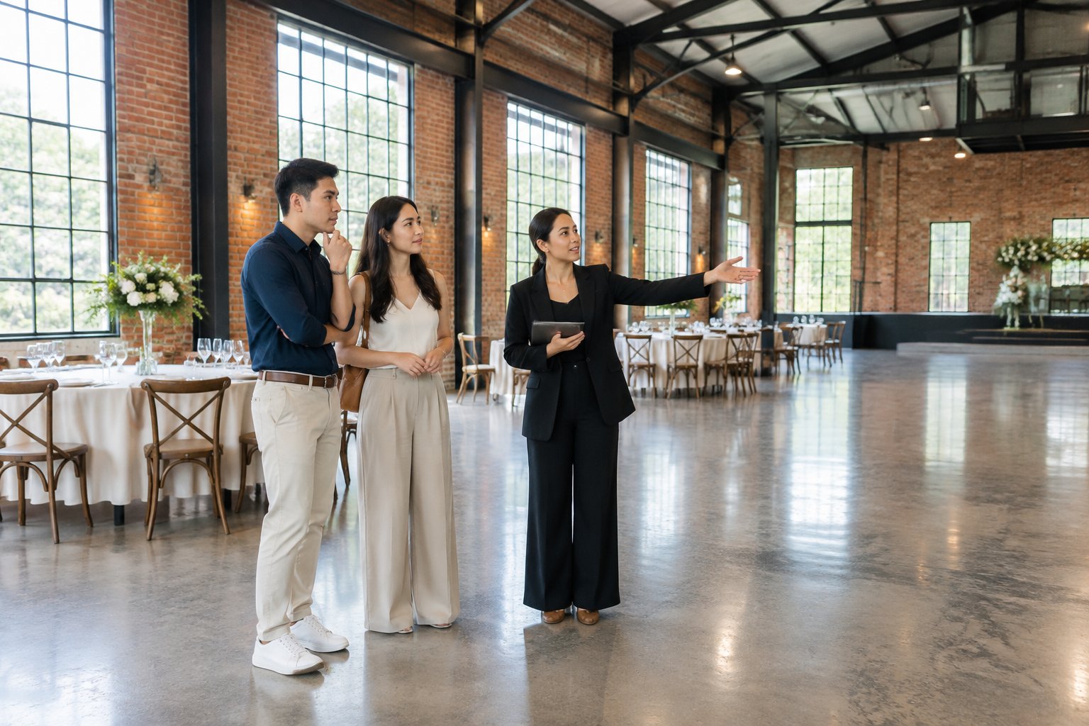A couple and a venue coordinator inspect the interior of an industrial wedding venue.