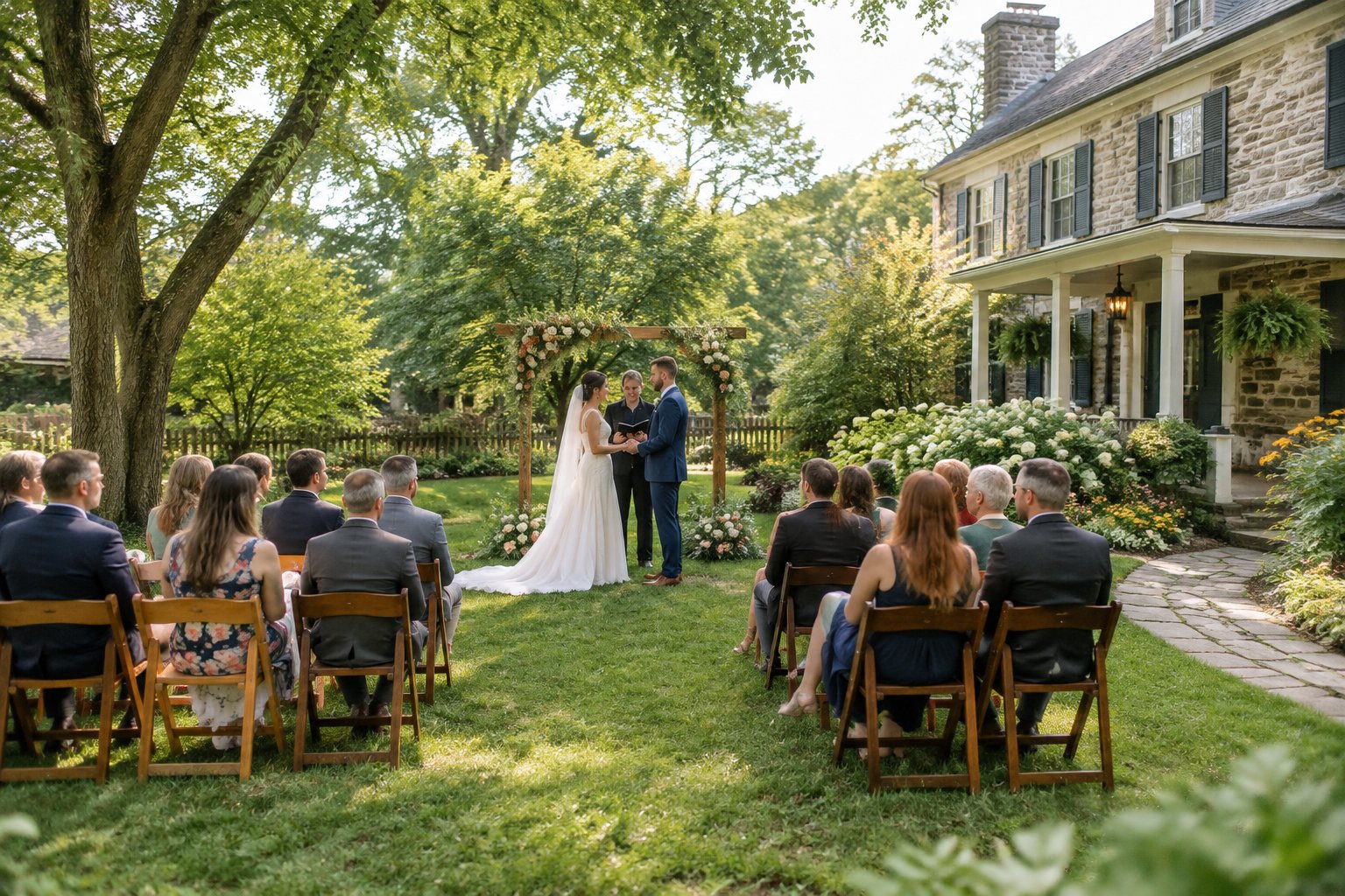 A couple exchanges vows beneath a flower-covered arch in a garden as guests watch.