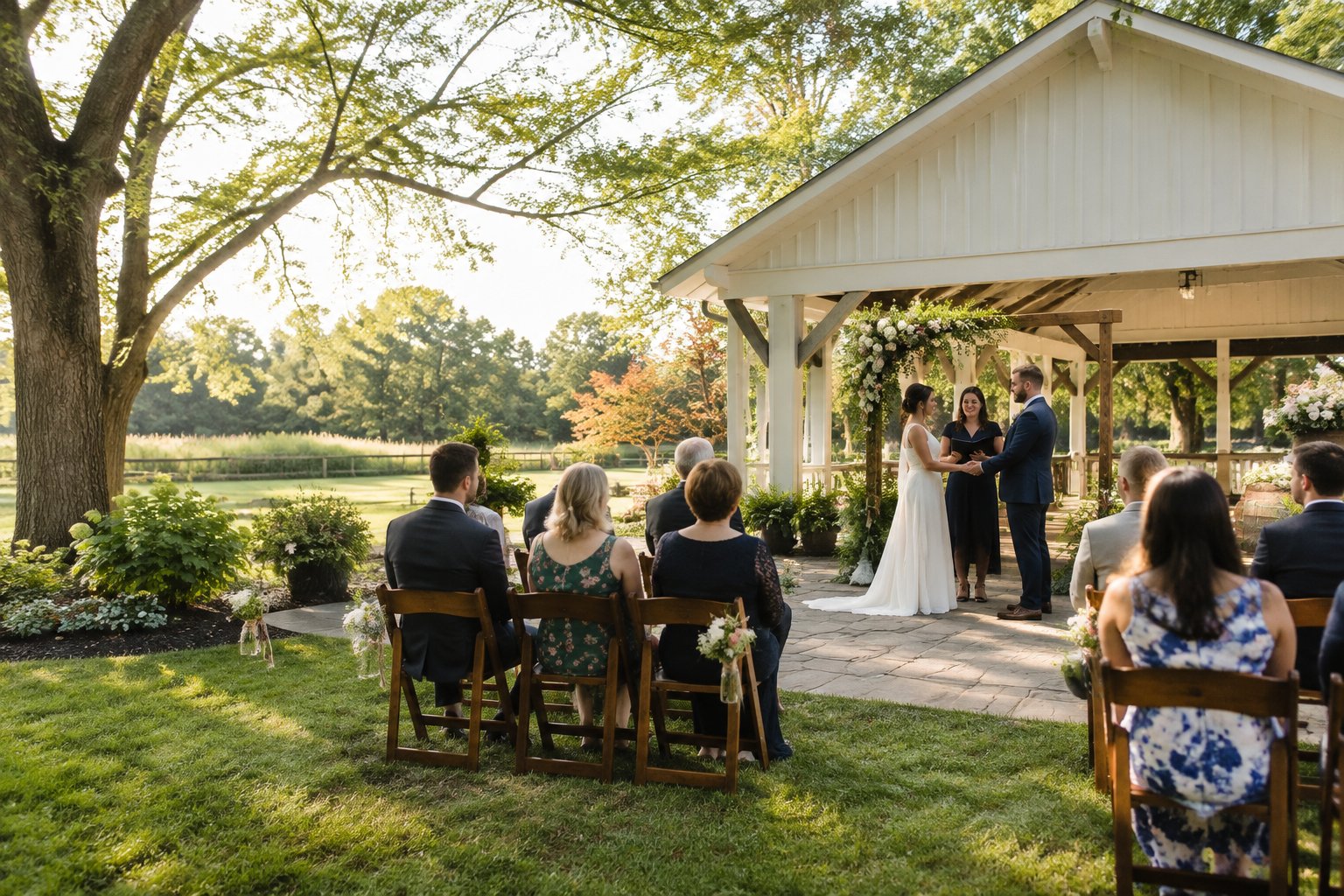 A small wedding ceremony takes place in a garden beside a countryside pavilion.