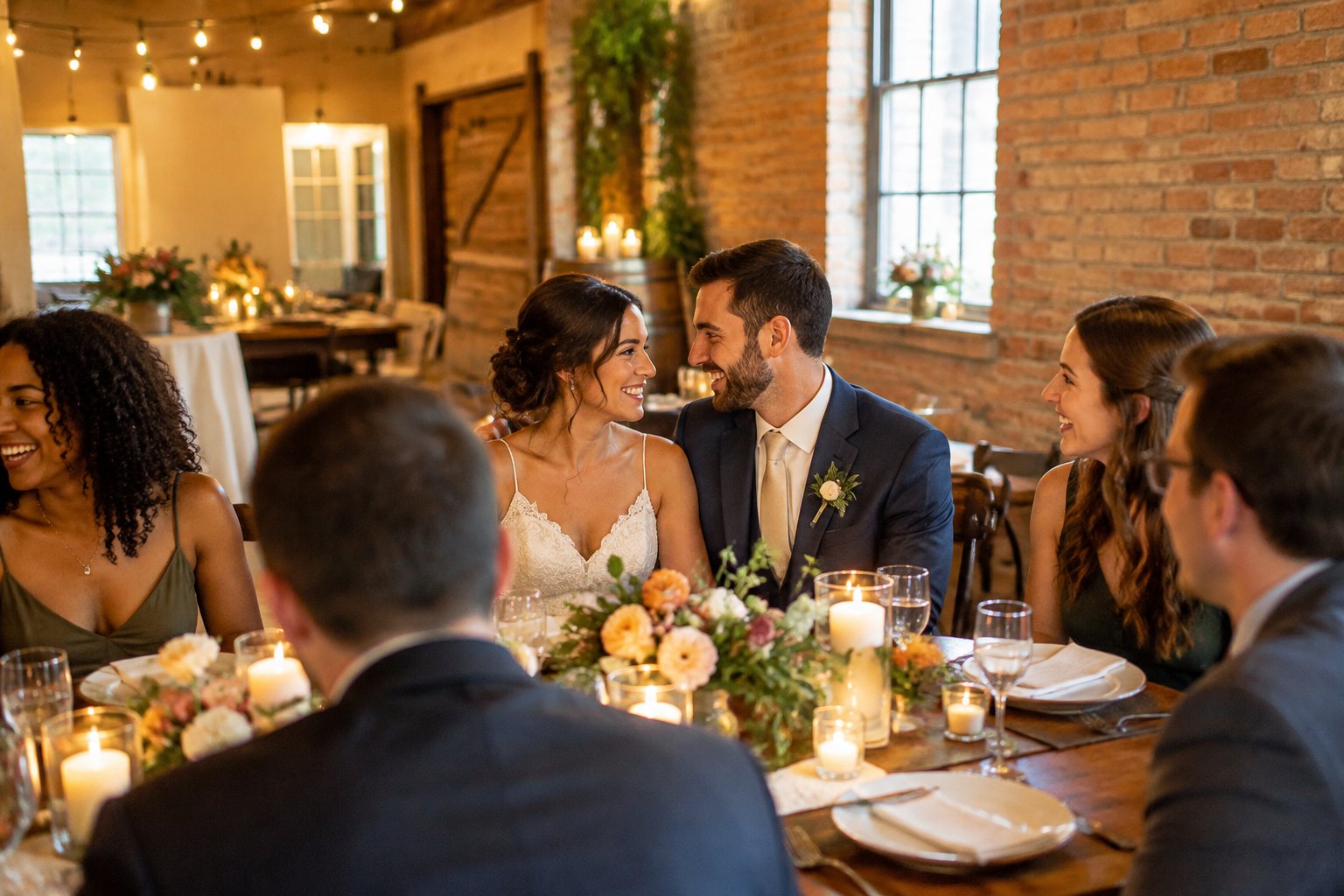 A couple shares a warm moment with guests at a small wedding reception.