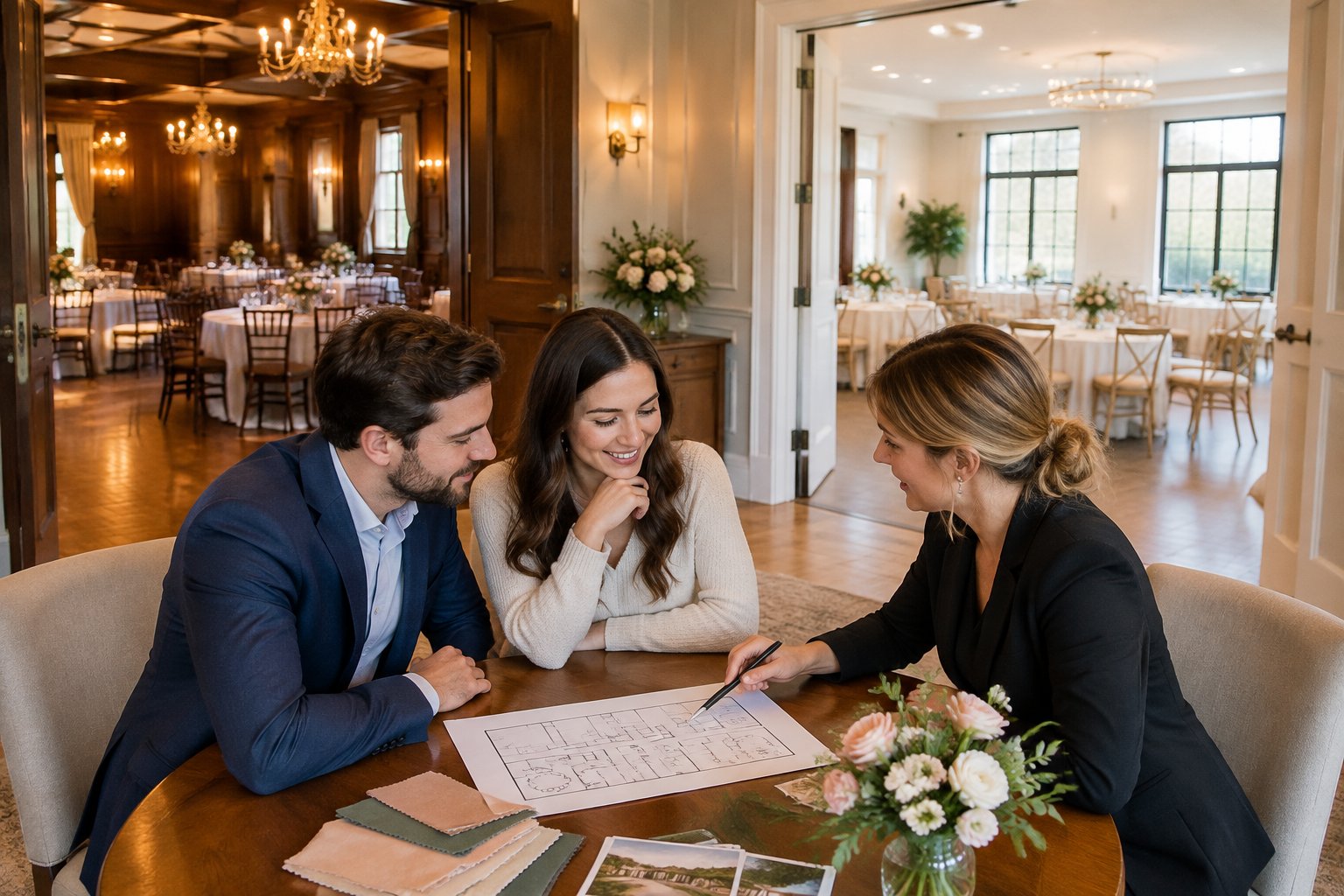 A couple and wedding planner compare two indoor wedding venues.