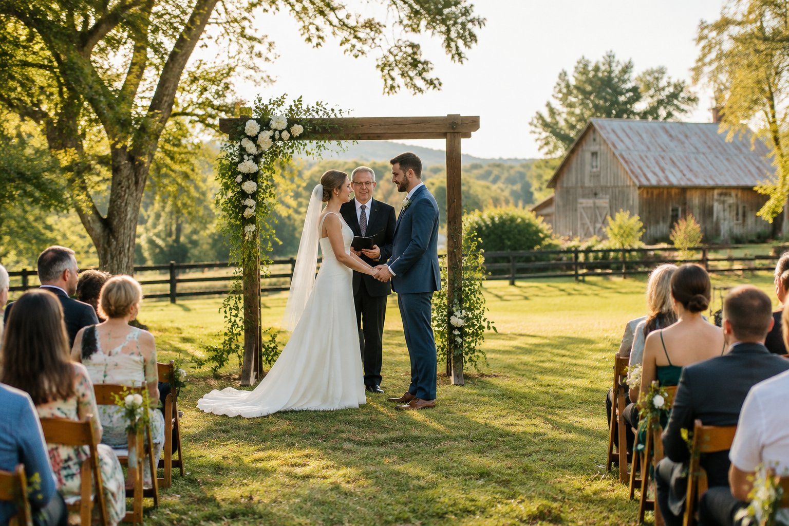 A couple exchanges vows beneath a flower-decorated arbor at an intimate farm wedding.