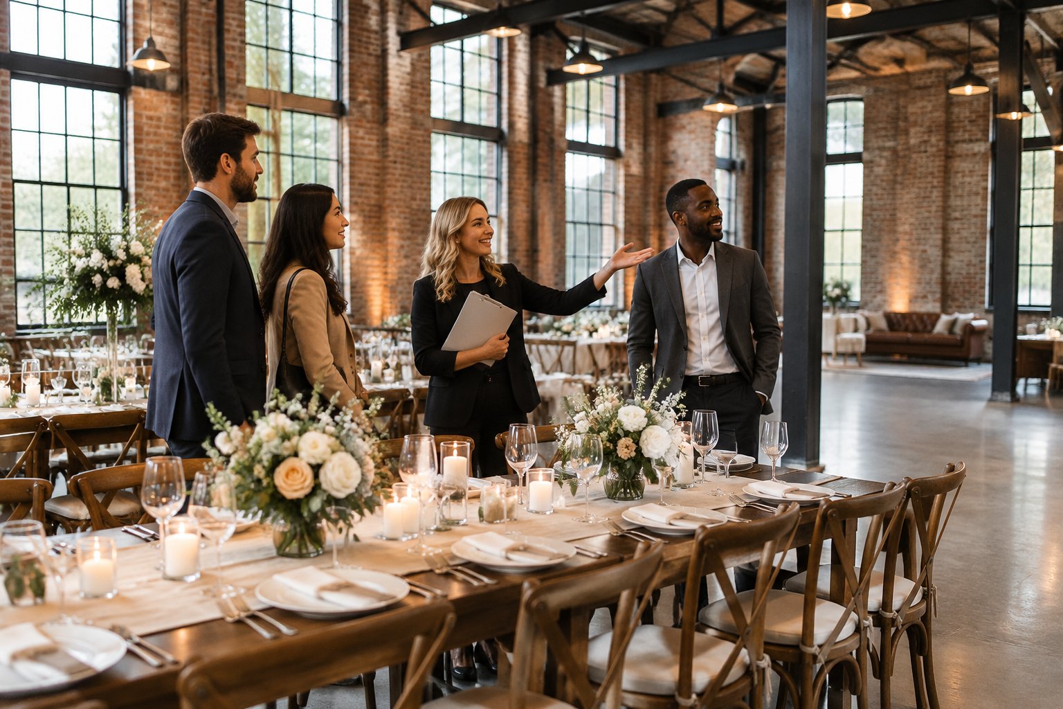 People discuss wedding plans at a reception table in a converted warehouse.