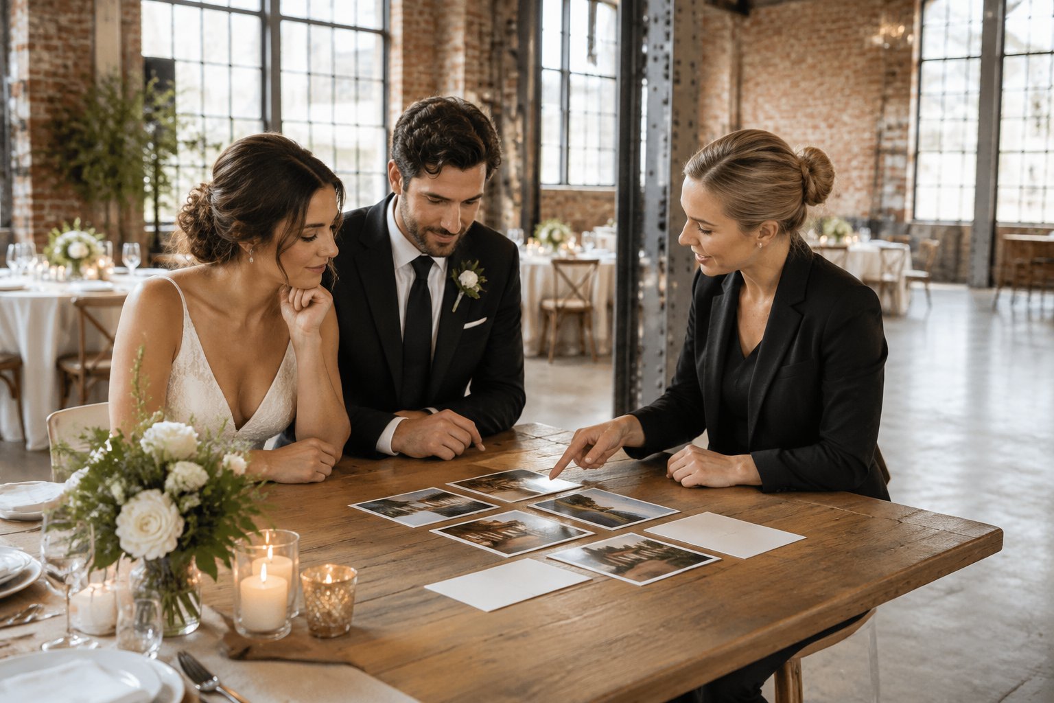 A couple and venue coordinator review wedding venue options in a brick industrial loft.