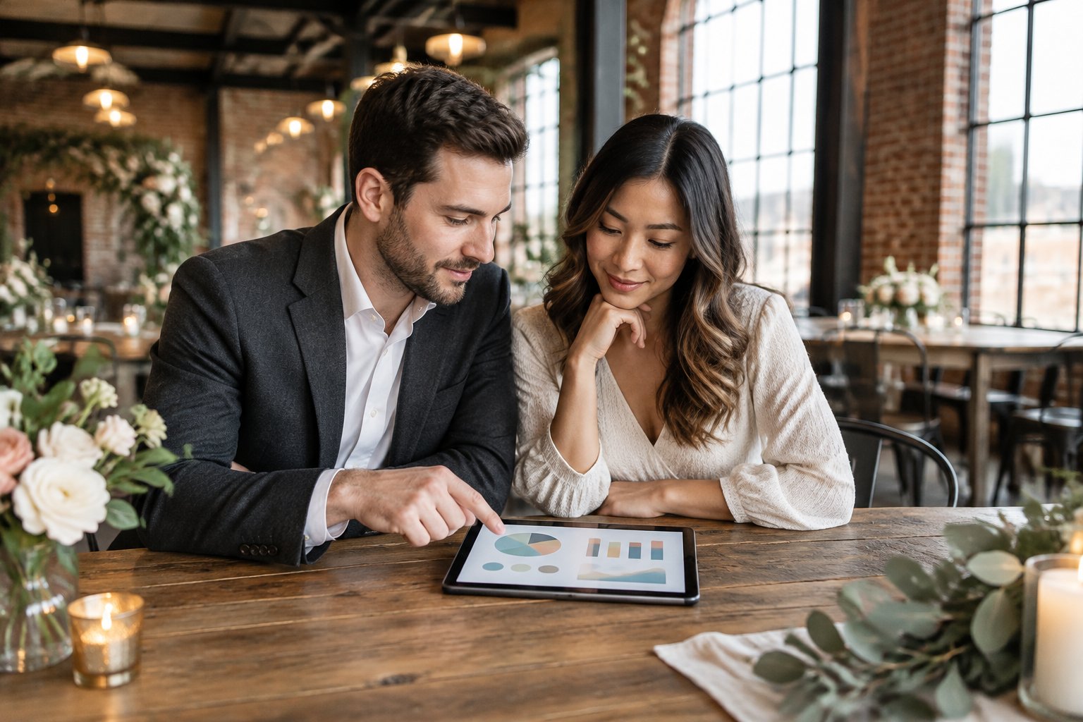 A couple reviews a tablet together at a table in an industrial wedding venue.