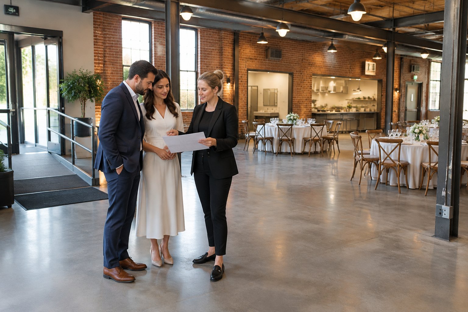 A couple and a wedding planner inspect a warehouse venue set up for a wedding.