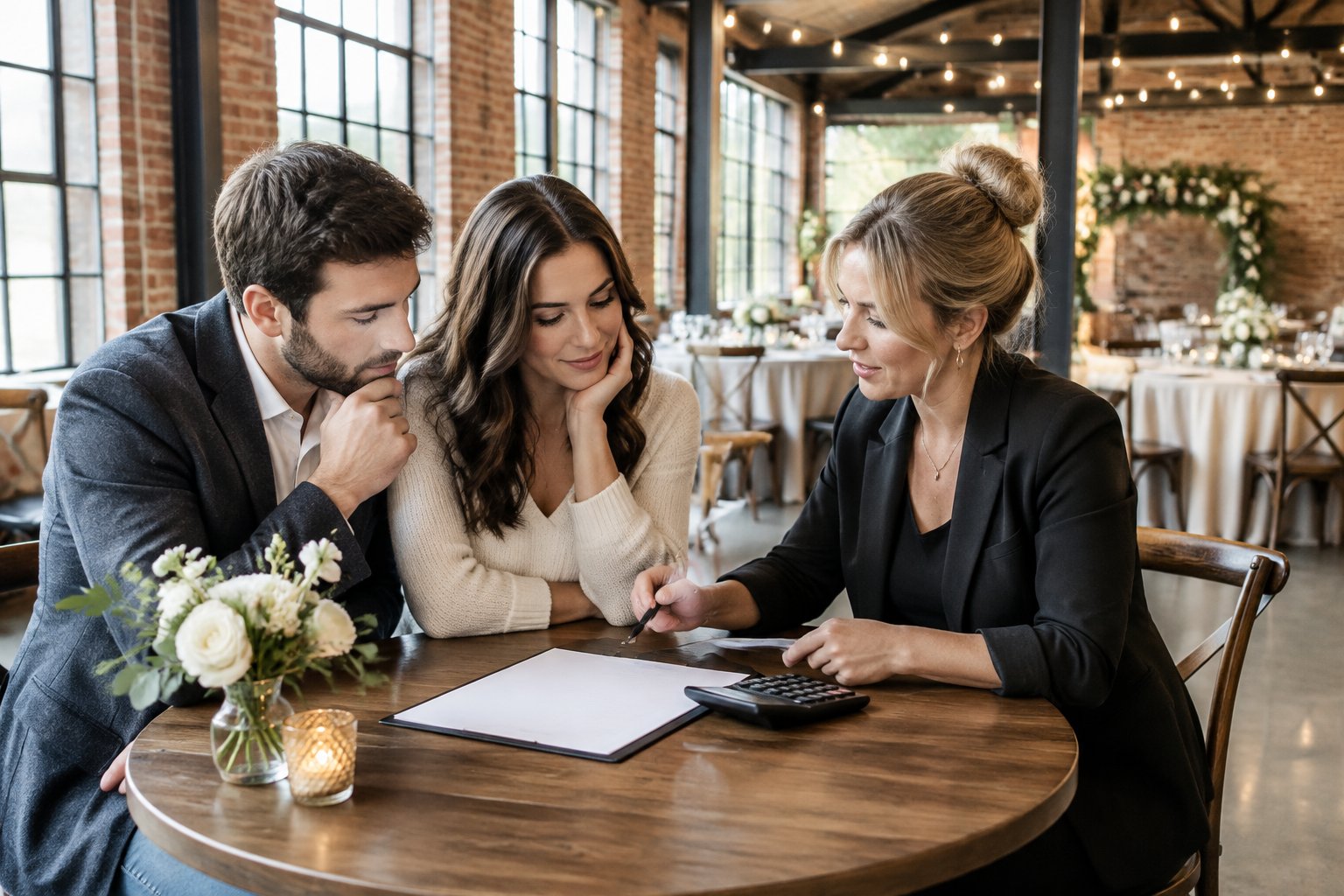 A couple and a wedding planner review a budget at a table inside an industrial wedding venue.