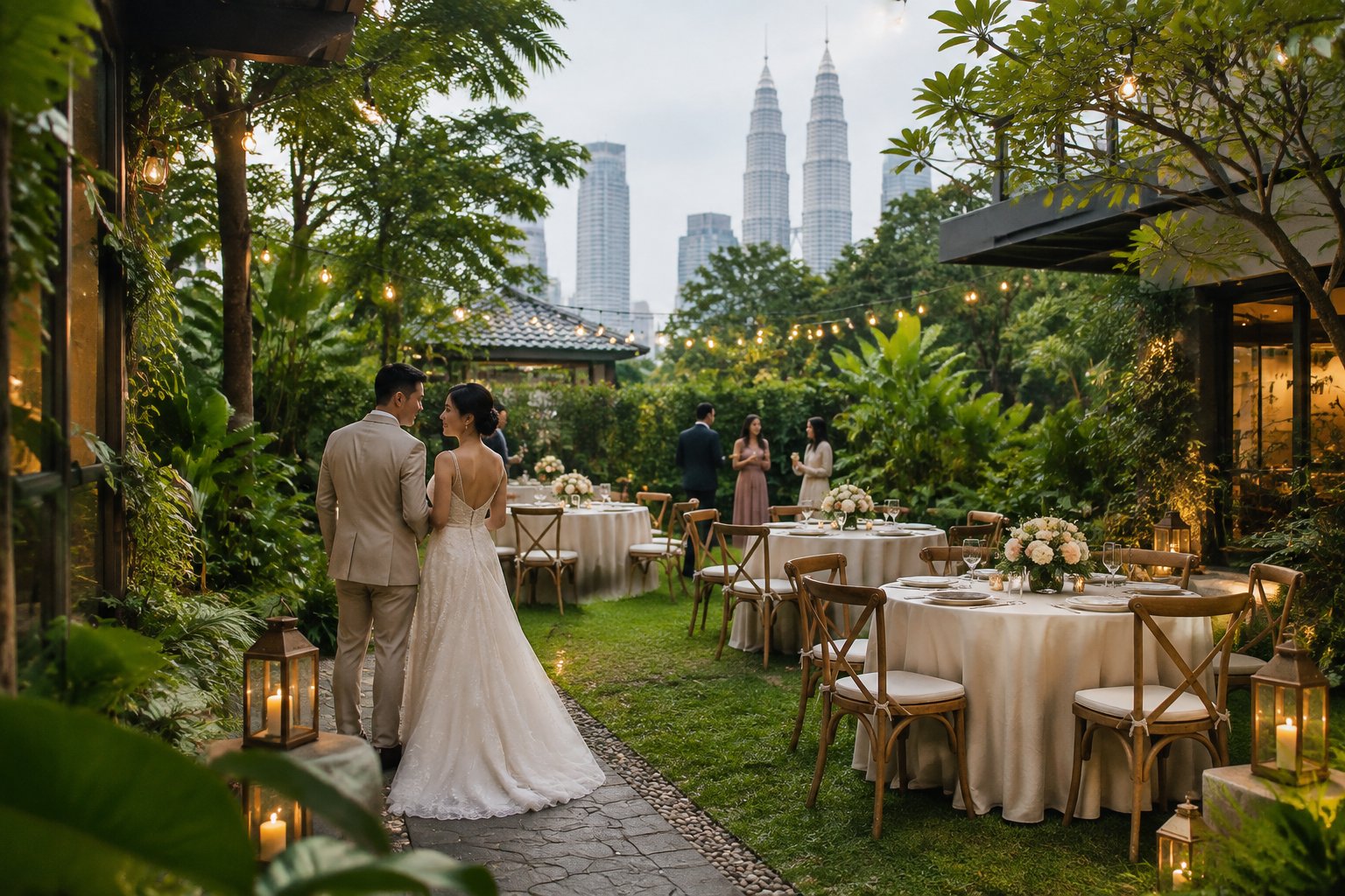 A couple shares a quiet moment at a small garden wedding reception.