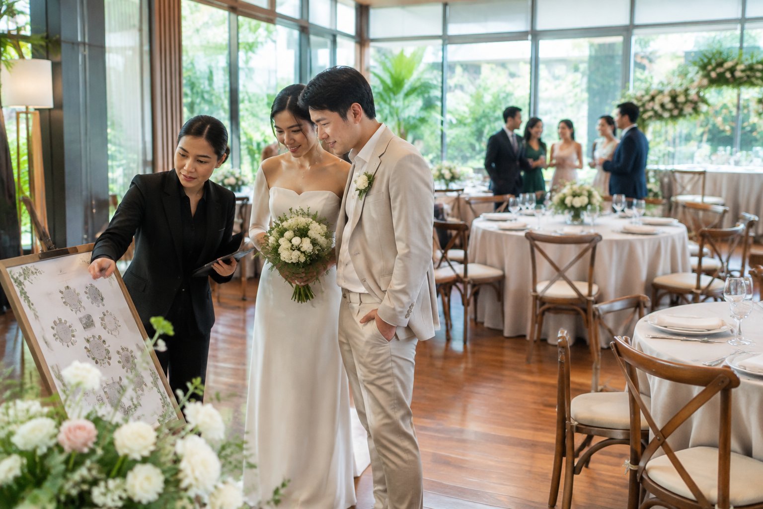 A couple and venue coordinator review a seating arrangement in a small wedding reception room.