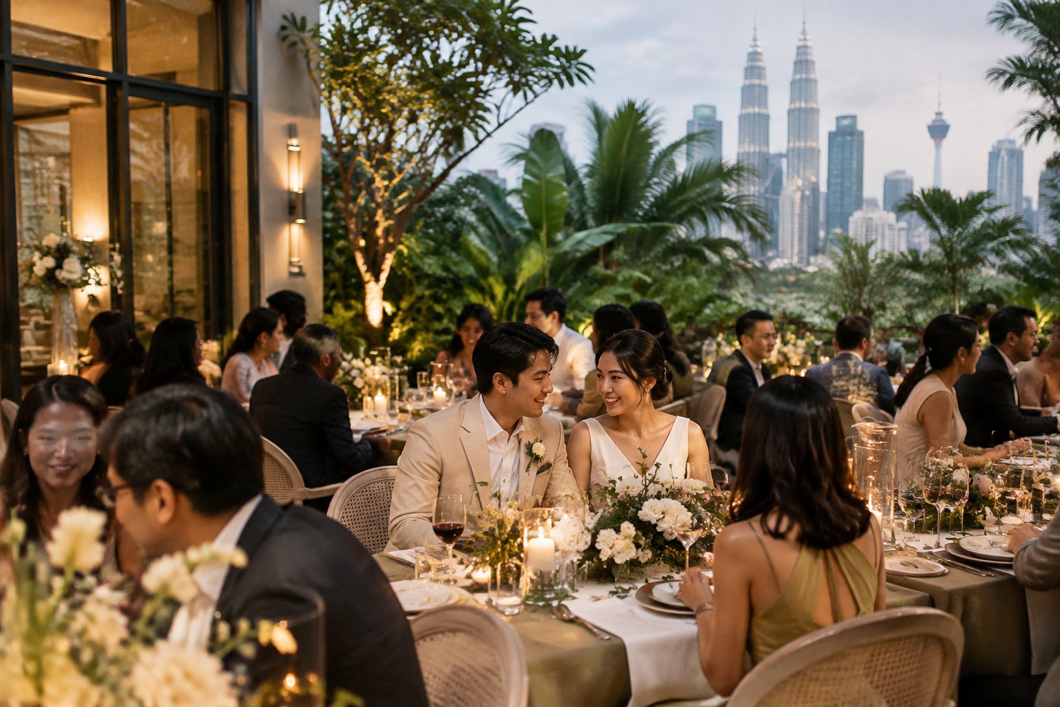 A couple celebrates with guests at a small wedding reception.