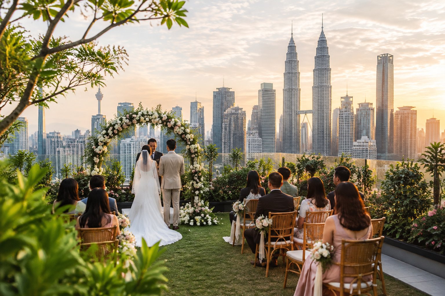 A couple exchanges vows in a rooftop garden overlooking the Kuala Lumpur skyline.