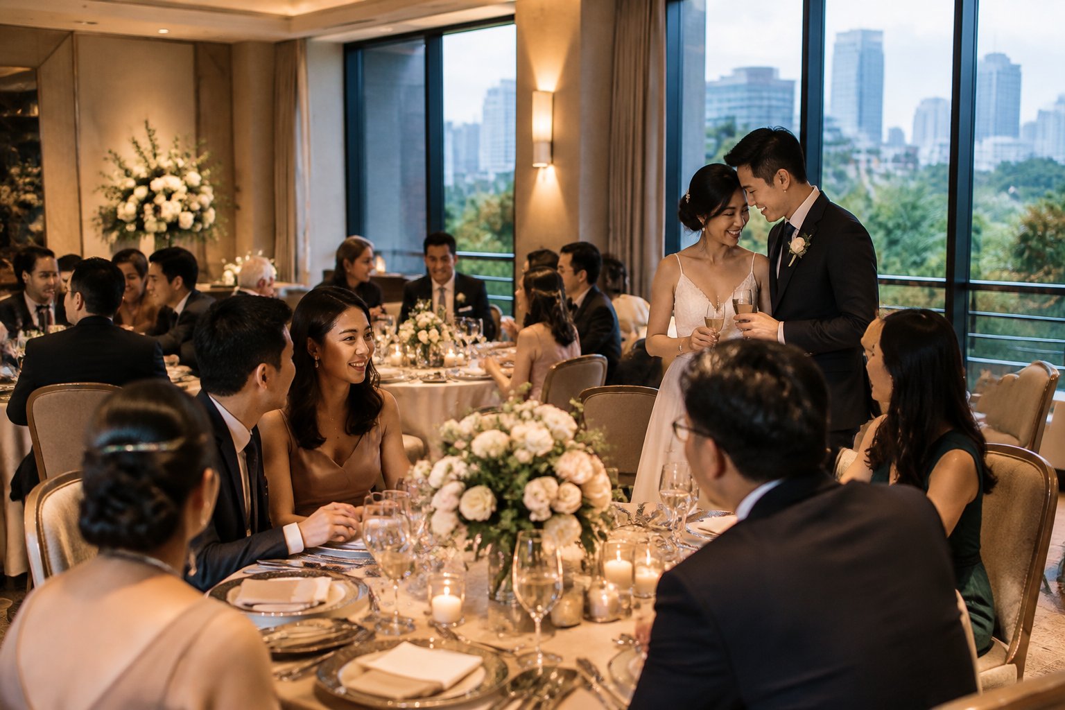 A couple celebrates with guests at a small, elegantly decorated hotel reception.