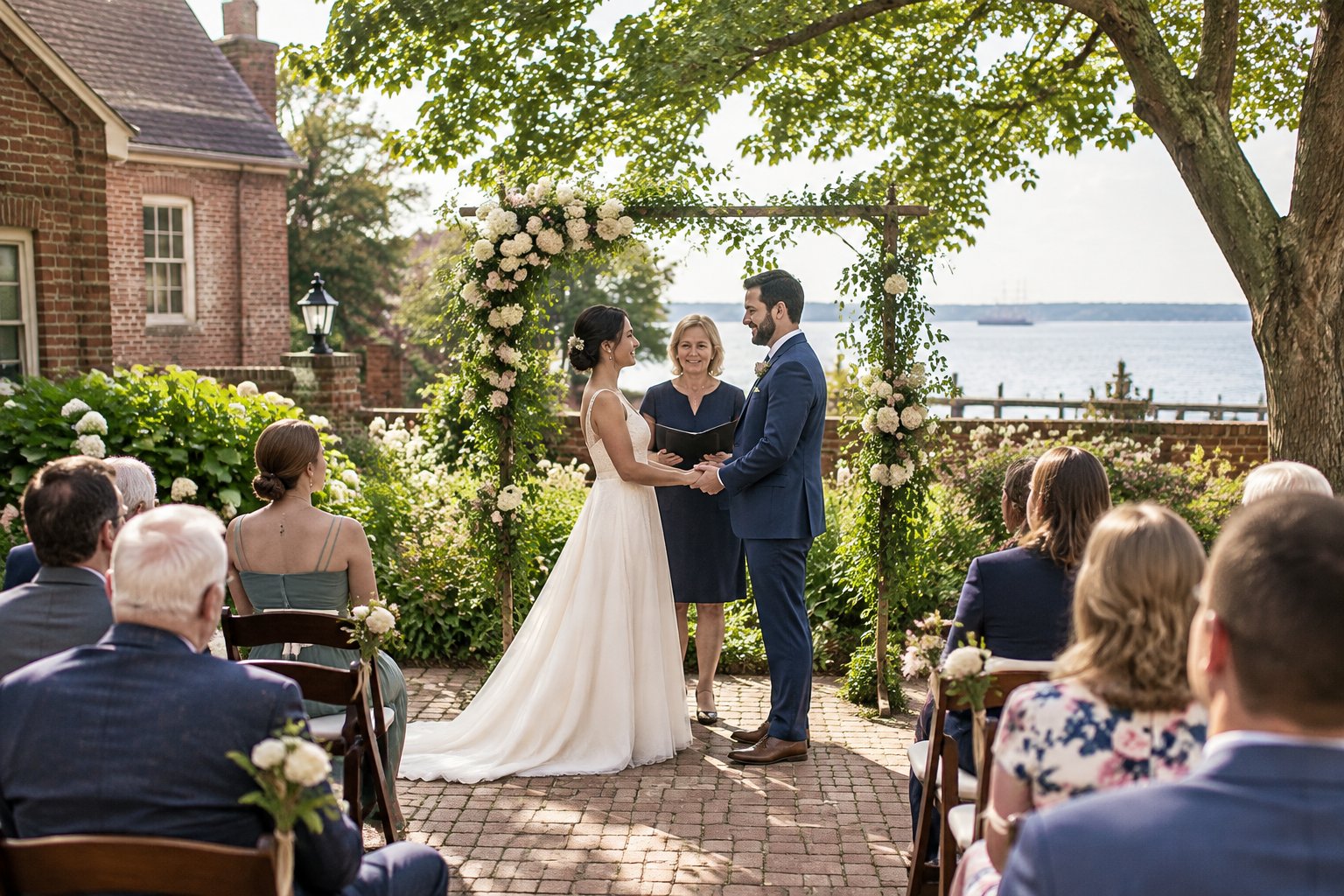 A couple exchanges vows before a small gathering in a garden courtyard.