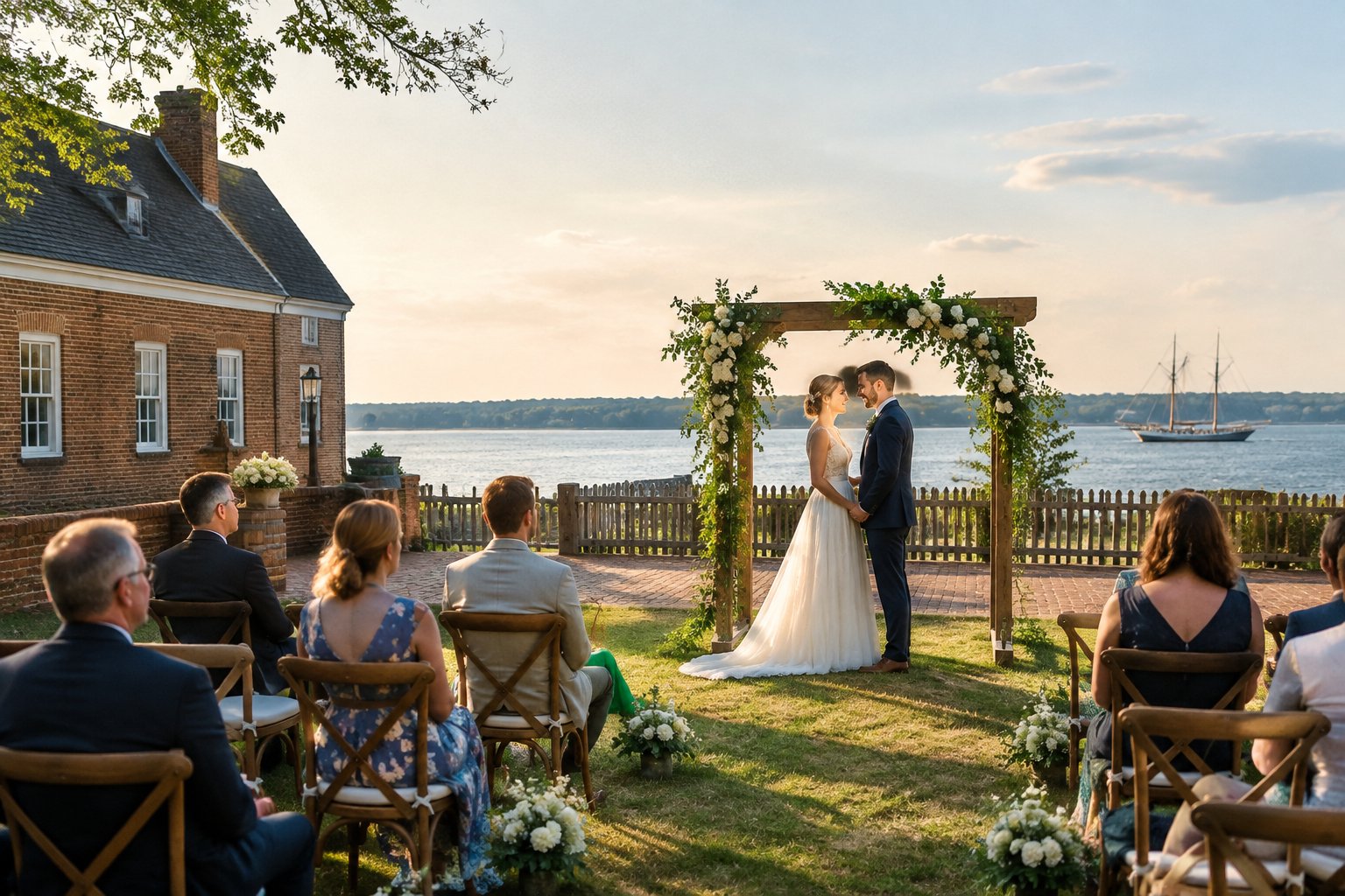A couple celebrates an outdoor wedding with a small group of guests beside a historic waterfront venue.