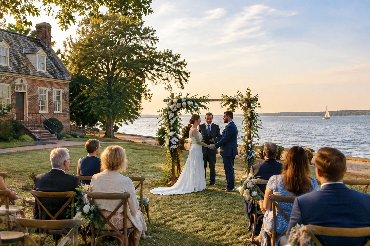 A couple exchanges vows with a small gathering beside a historic building on the York River.