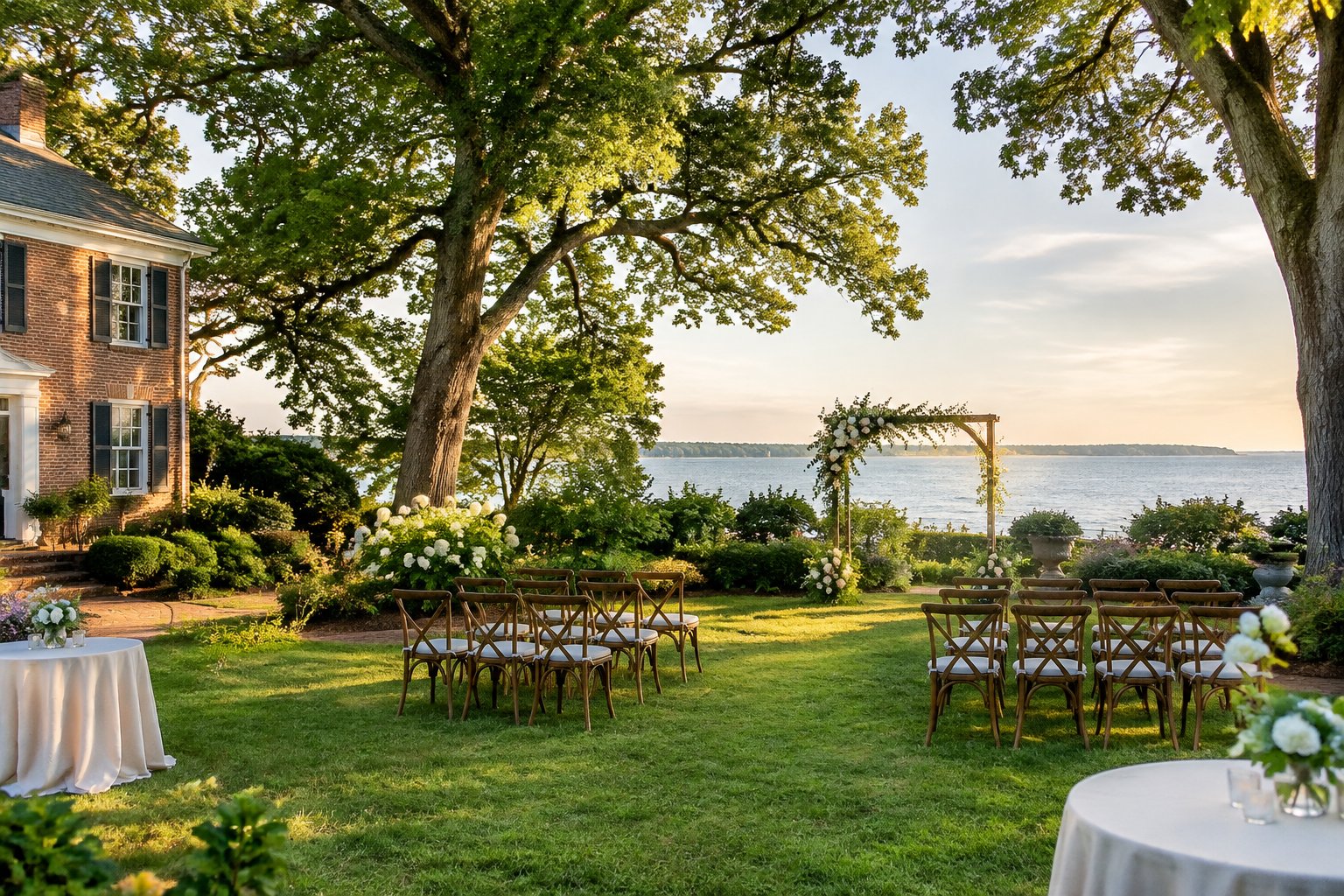 A small outdoor wedding ceremony setup beside a historic Virginia estate.