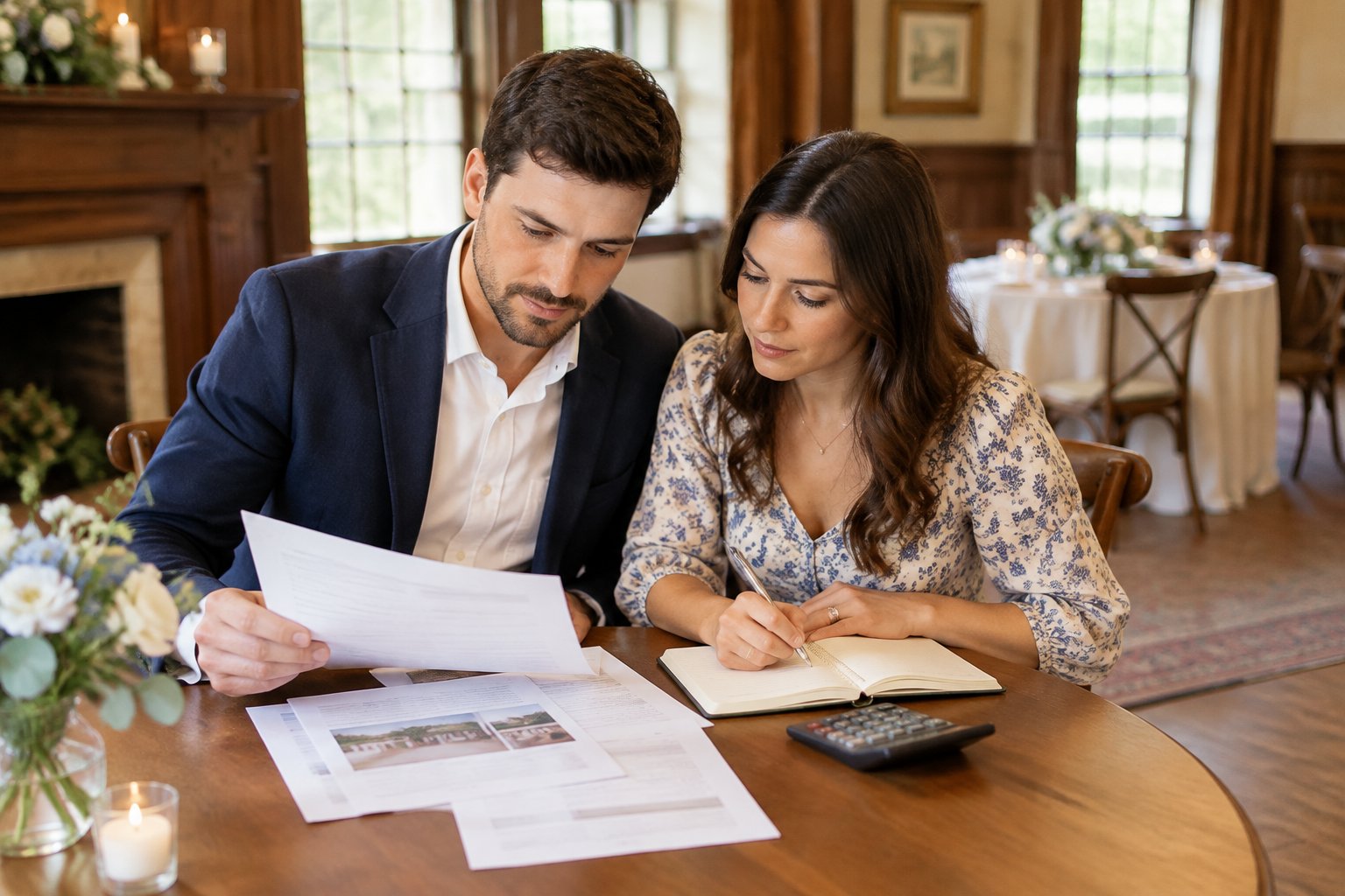 A couple reviews wedding venue estimates at a table in an intimate venue.