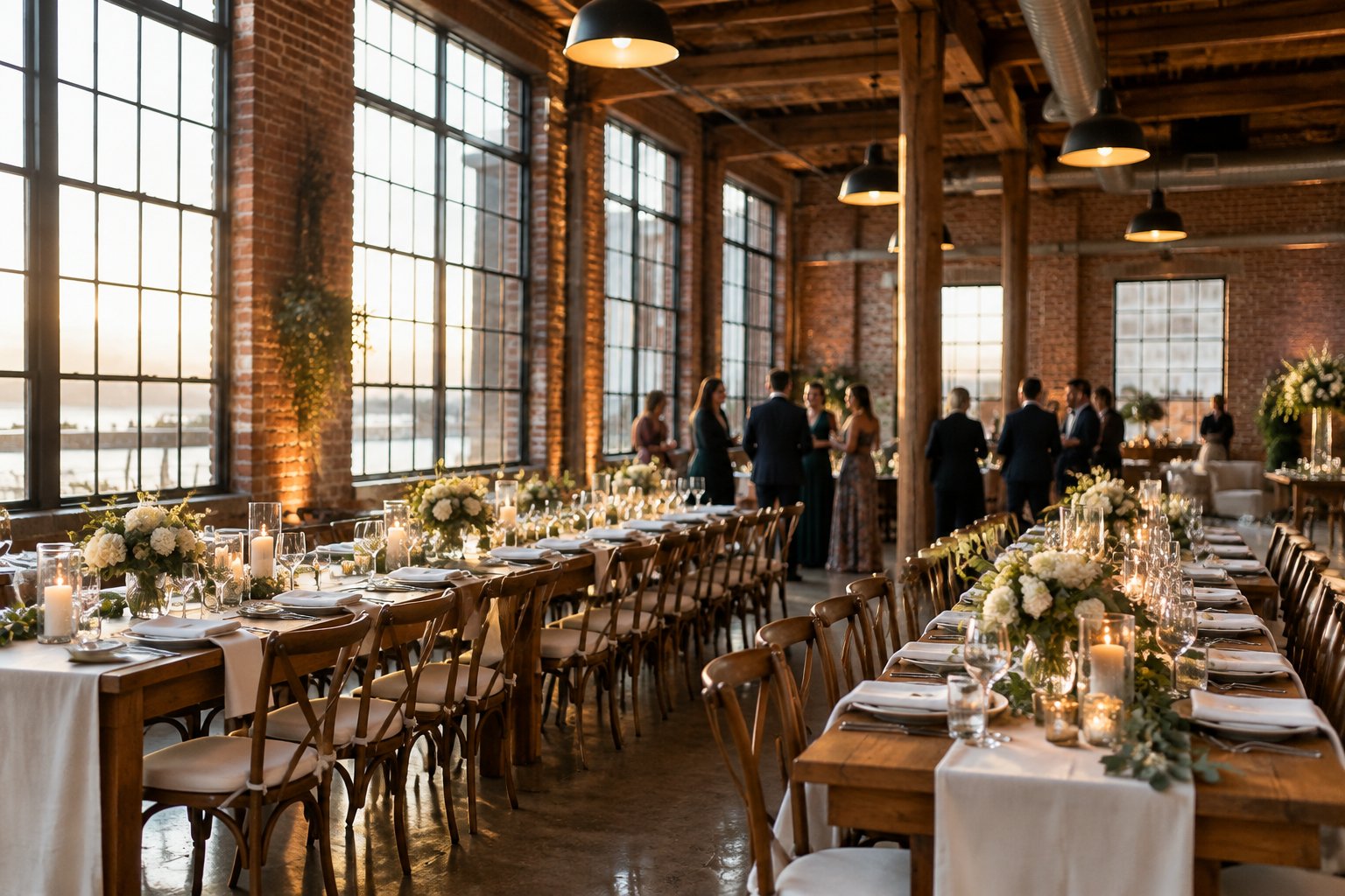 Guests gather for a wedding reception in a brick industrial venue.