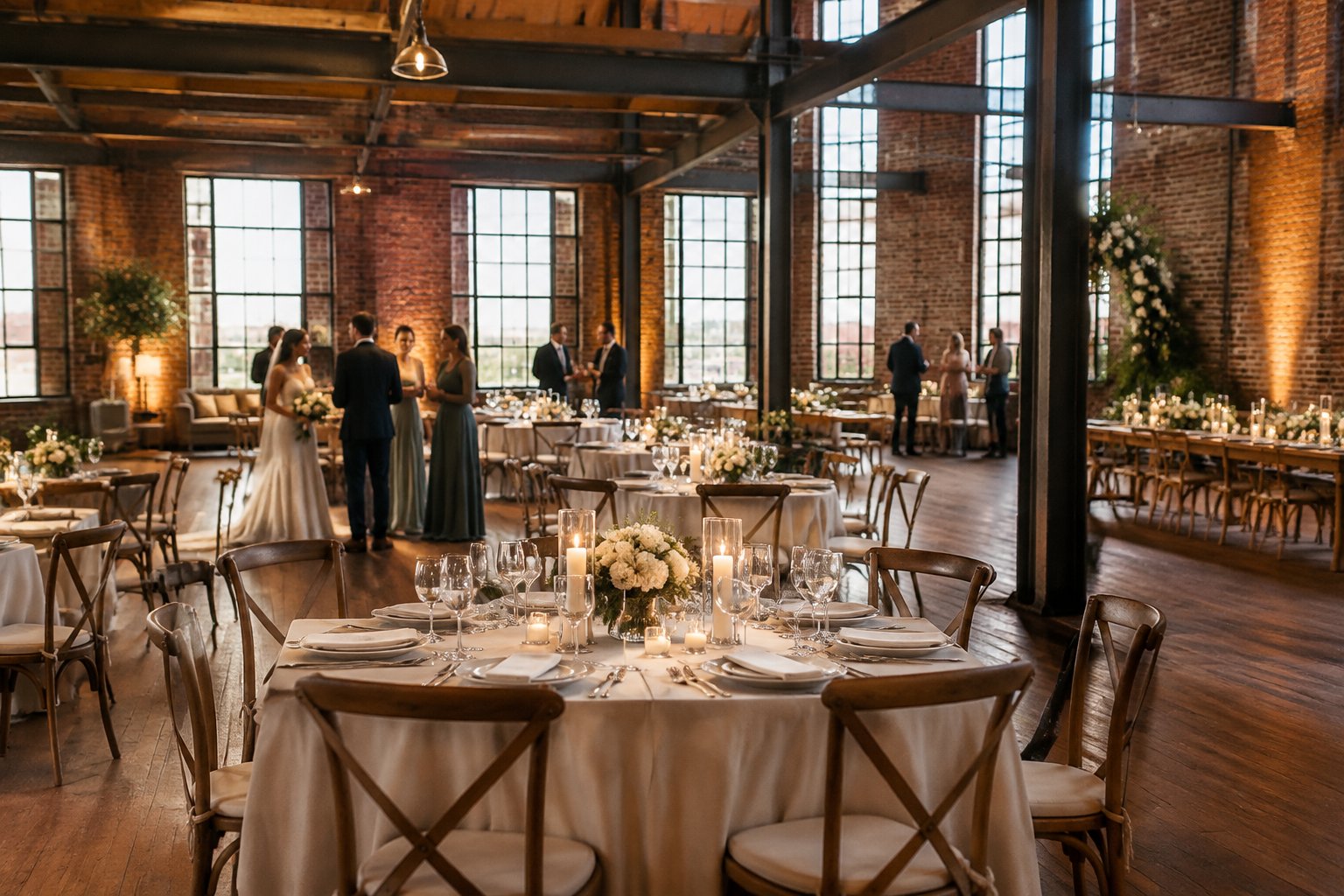 Guests gather around decorated tables in a brick industrial wedding venue.