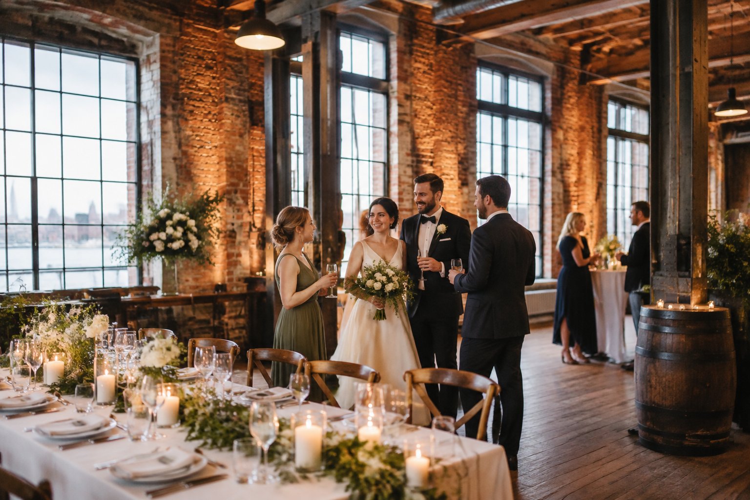 A couple and guests celebrate at a wedding reception in a brick industrial venue.