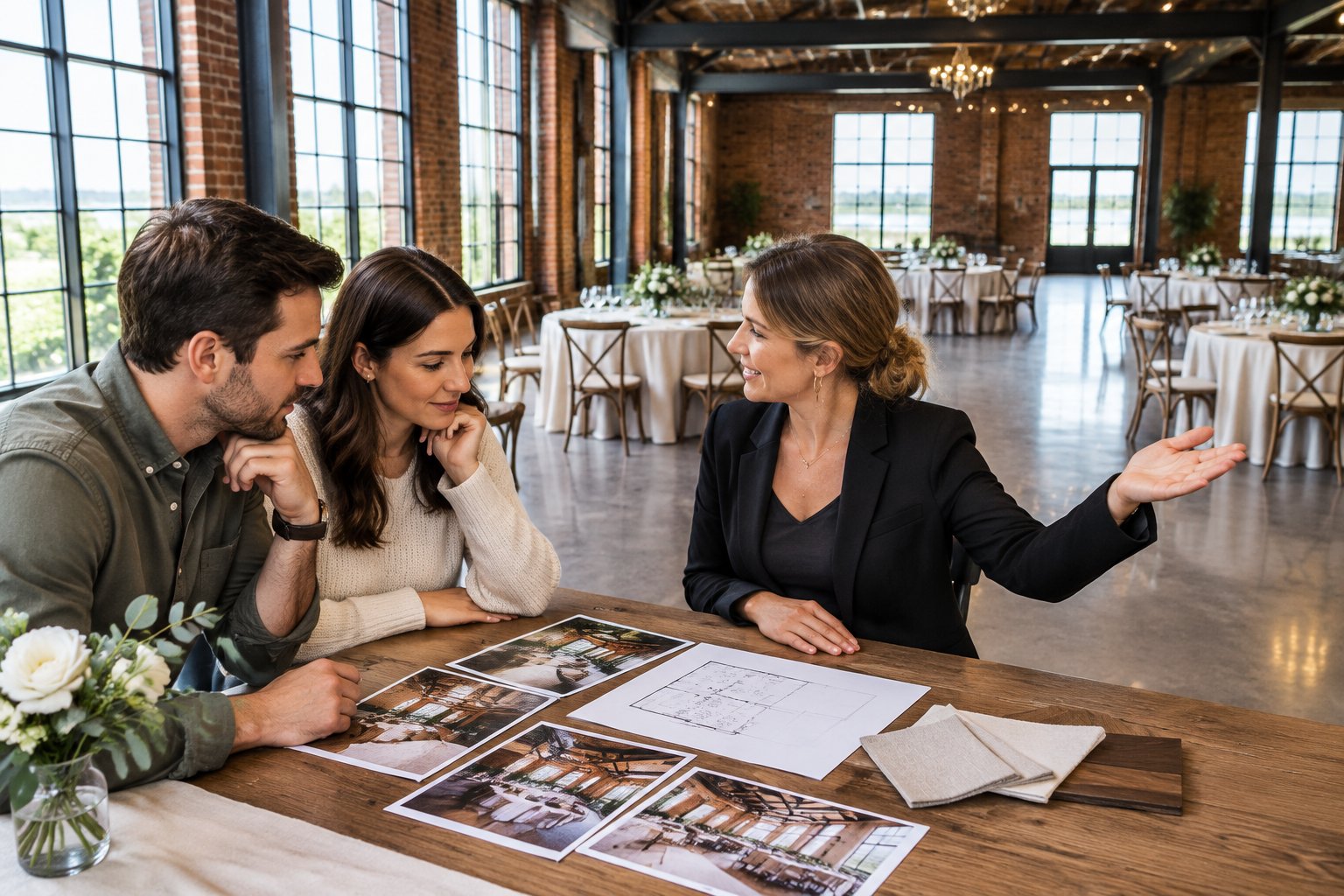 A couple compares wedding venue plans with a coordinator in a converted industrial event space.