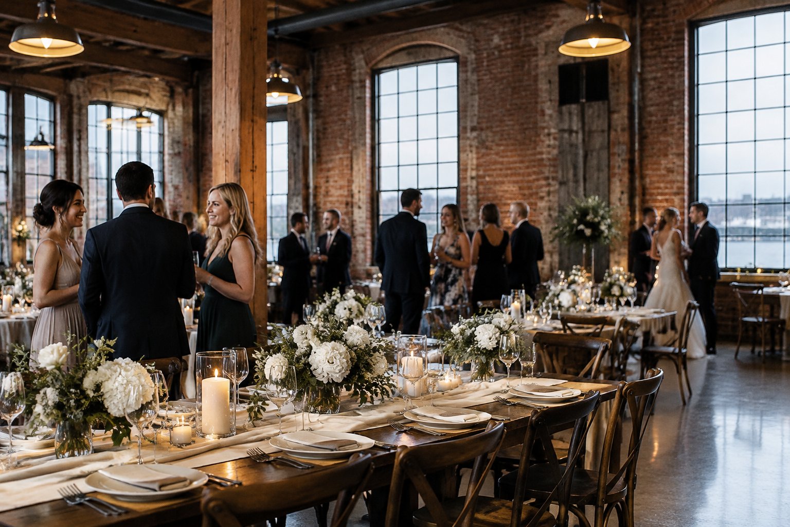 Guests mingle around a decorated reception table in a brick industrial wedding venue.